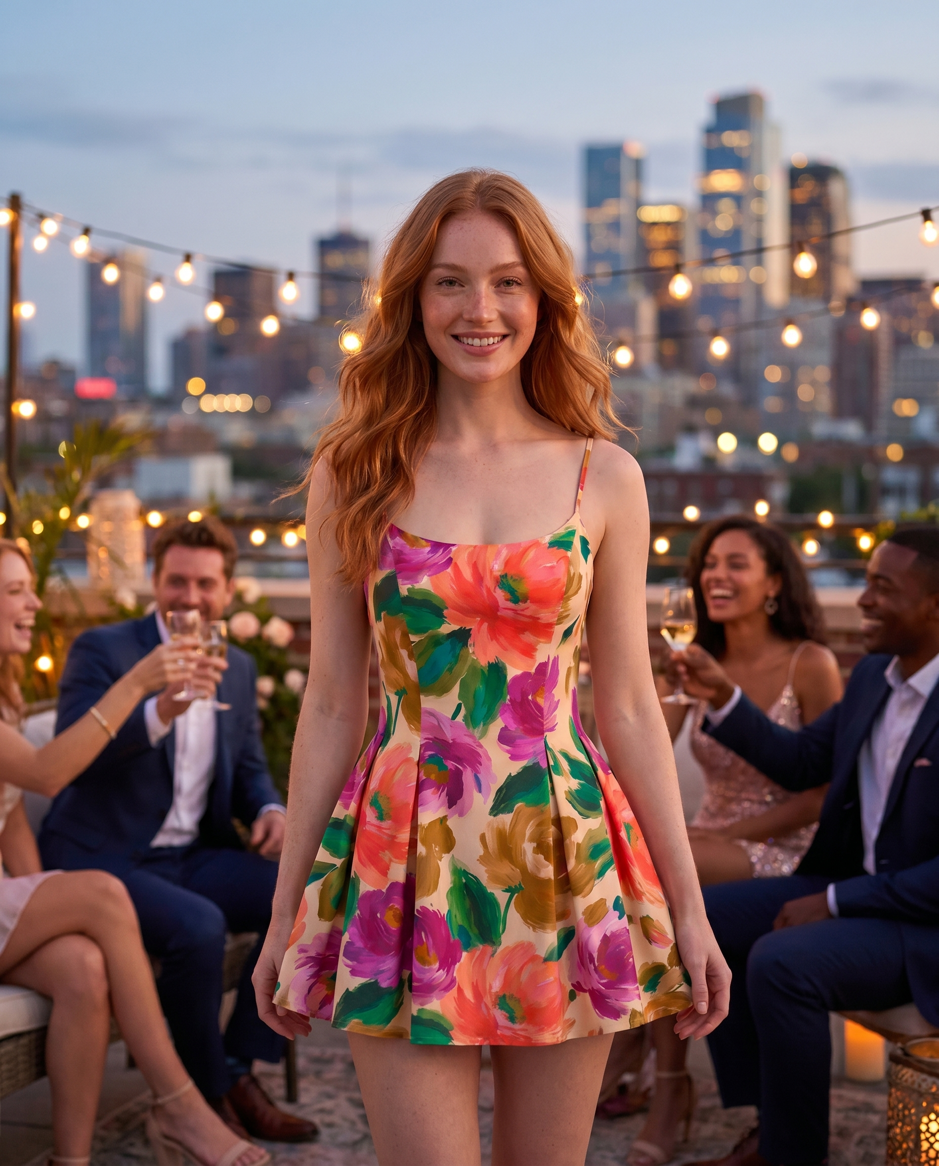 Party — Saint Vael bold floral dress, rooftop evening