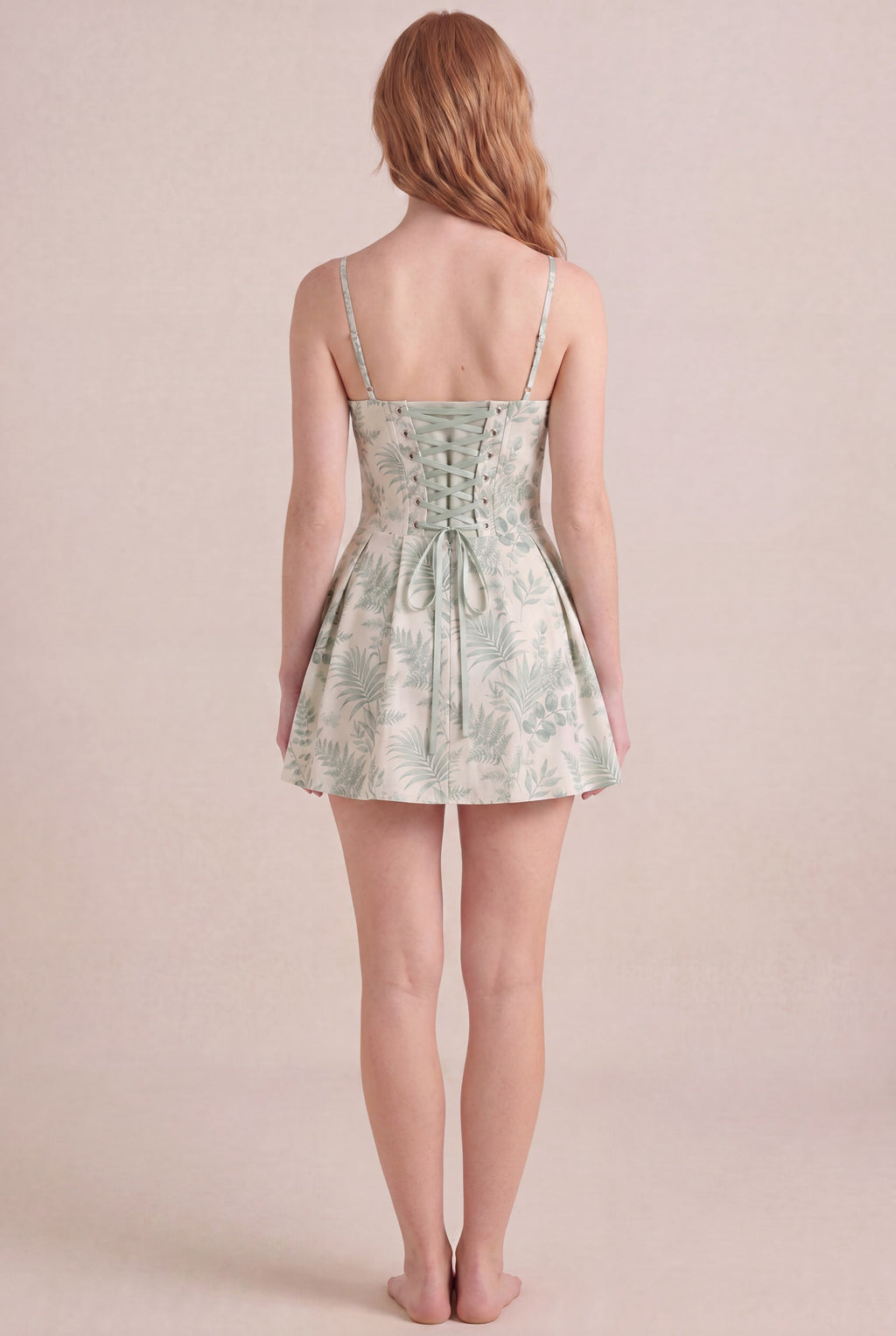 Verdé Palm Botanical Dress — Corset Mini, back
