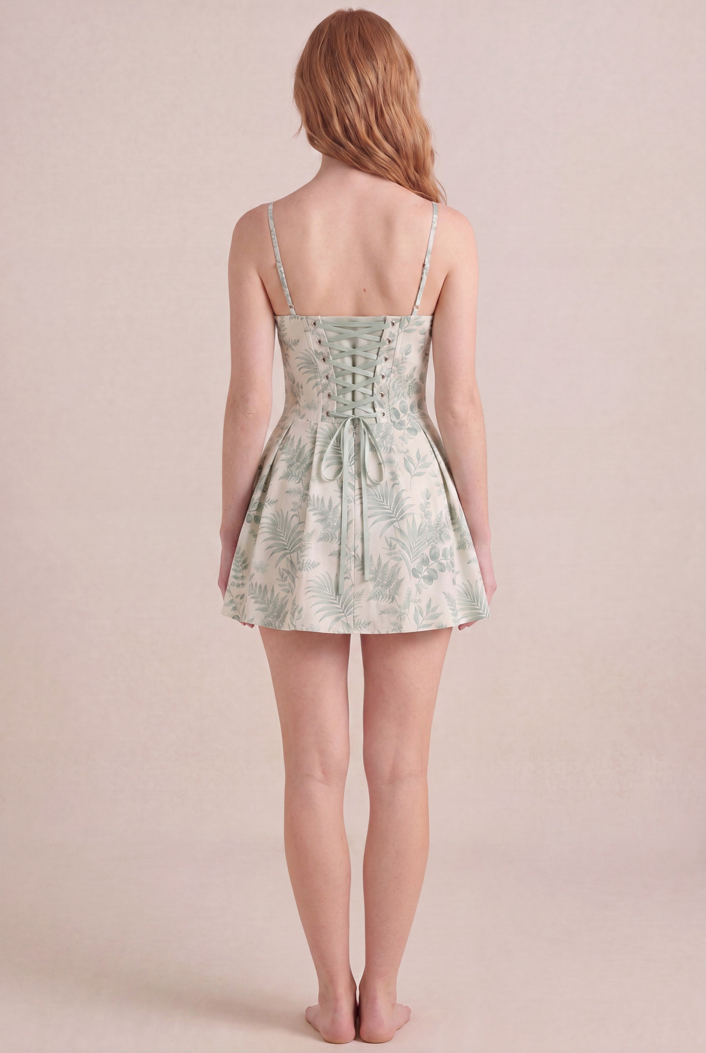 Verdé Palm Botanical Dress — Corset Mini, back