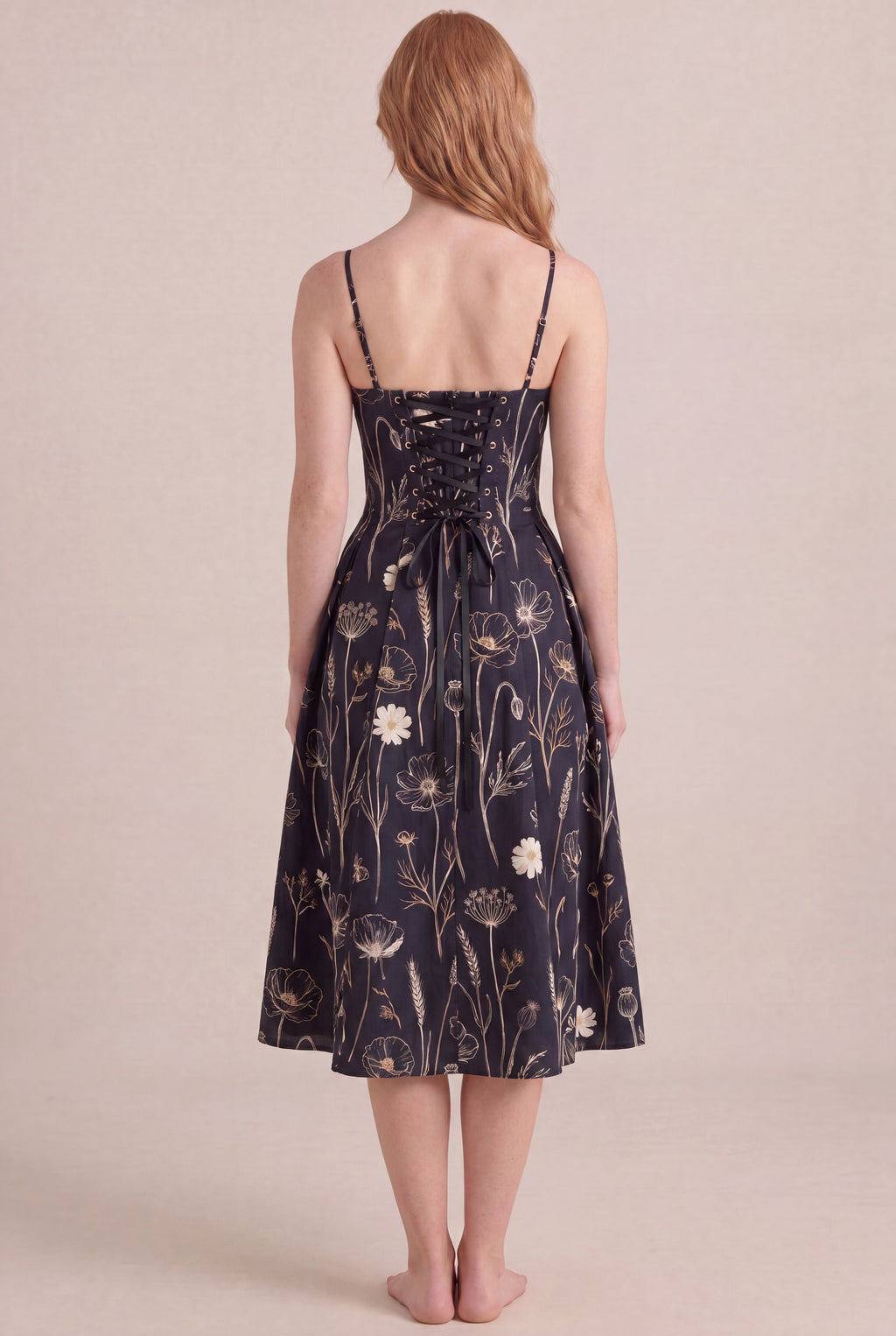 Noir Wildflower Floral Dress — Corset Midi, back