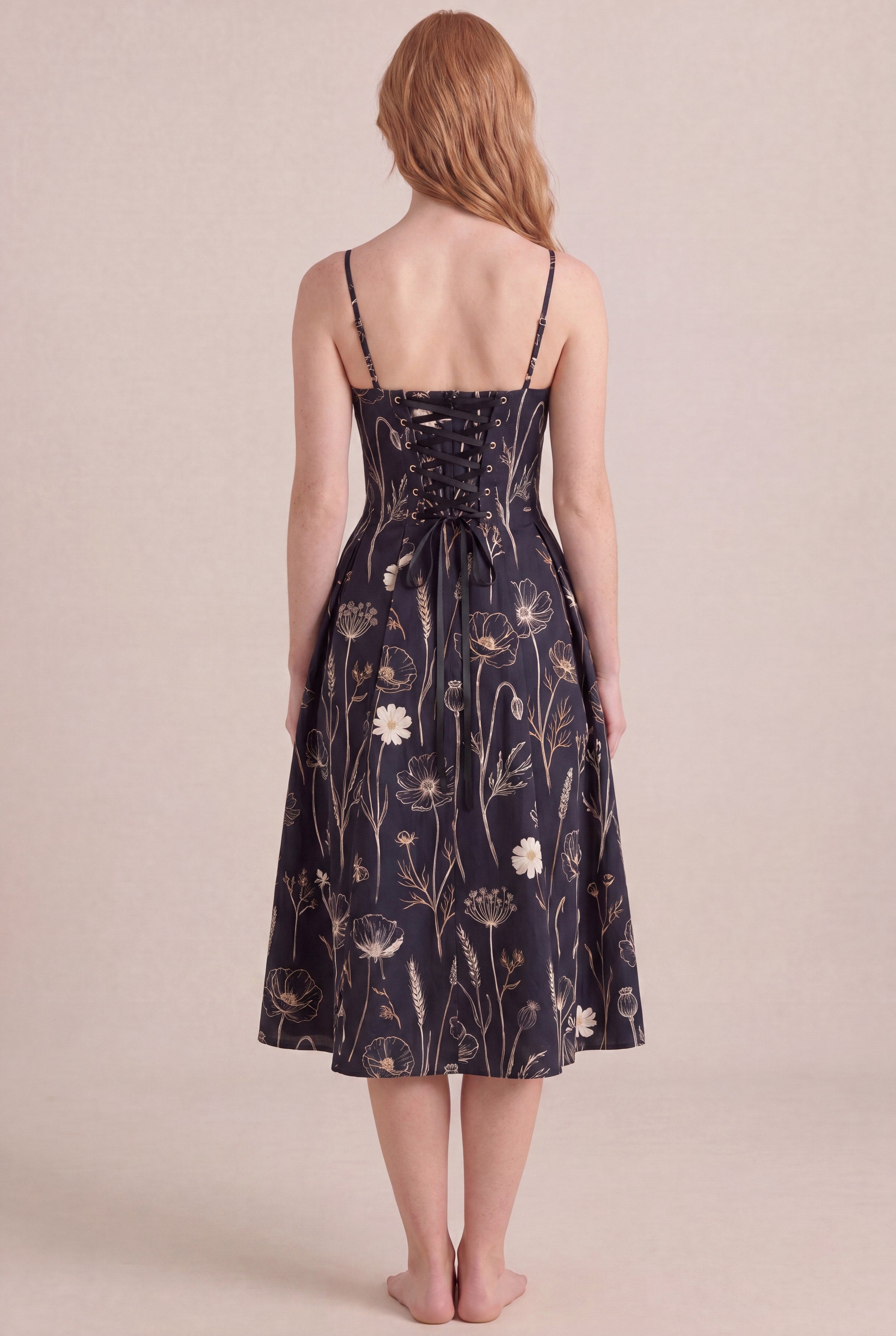 Noir Wildflower Floral Dress — Corset Midi, back