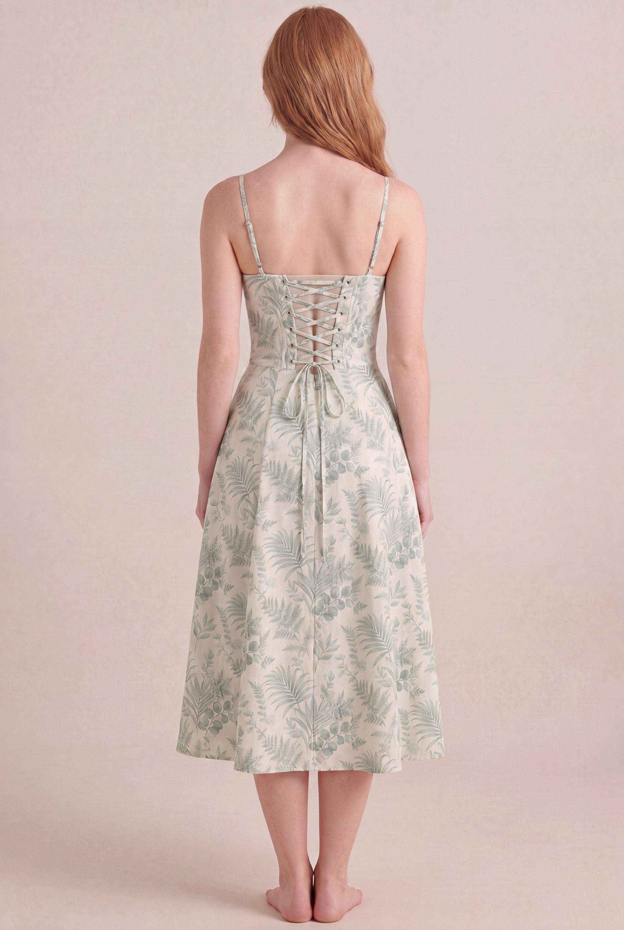 Verdé Palm Botanical Dress — Corset Midi, back