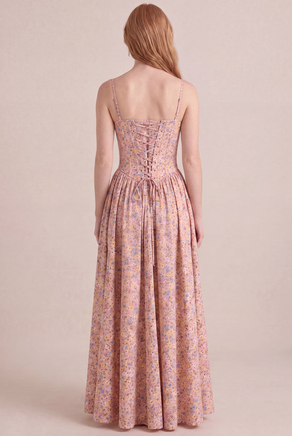 Bridgerton Ditsy Floral Dress — Corset Maxi, back