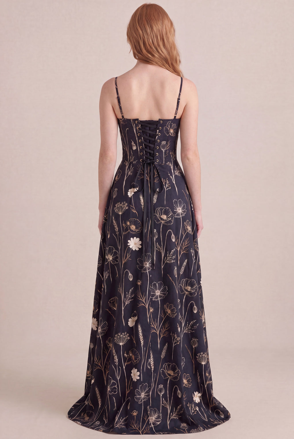 Noir Wildflower Floral Dress — Corset Maxi, back