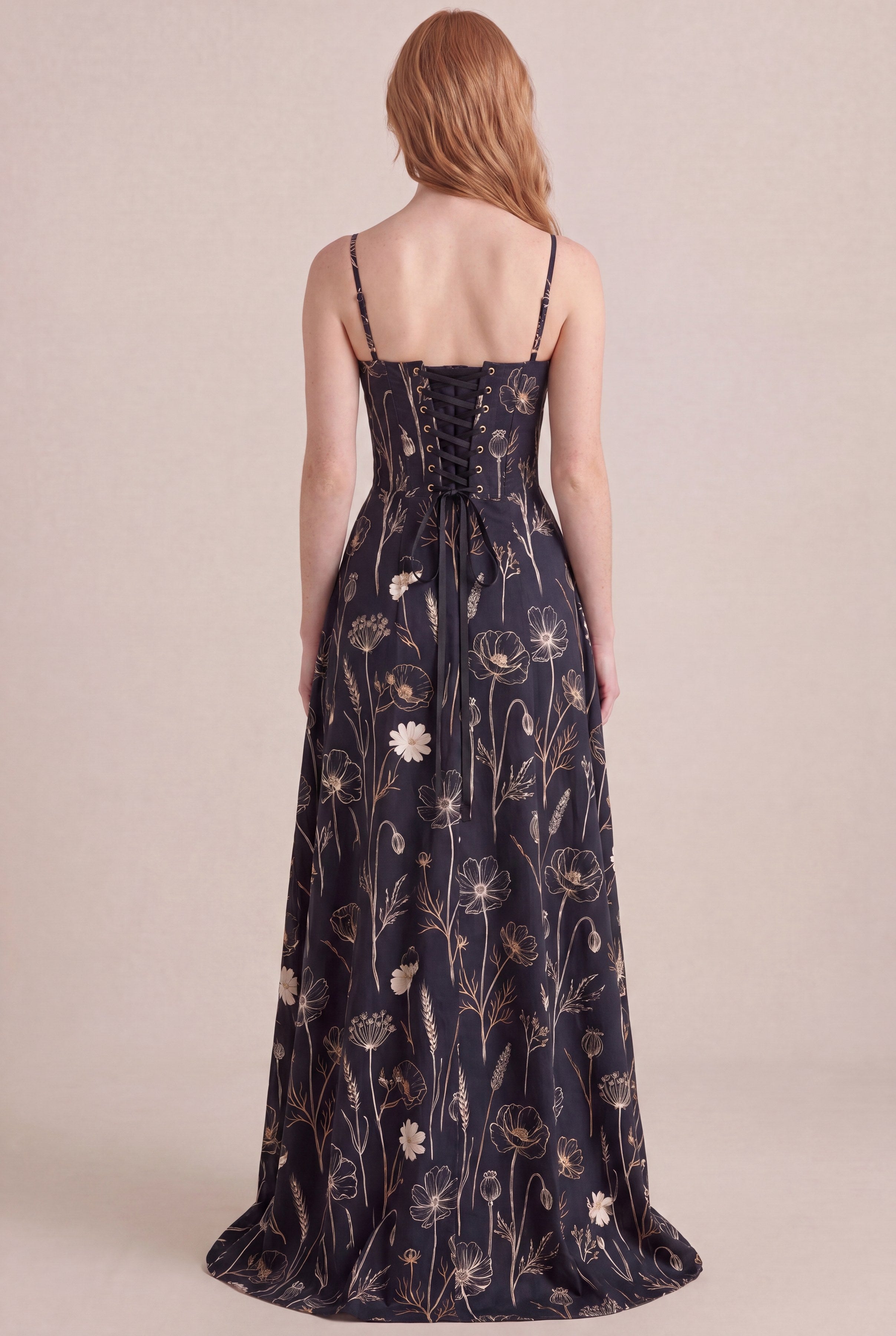 Noir Wildflower Floral Dress — Corset Maxi, back