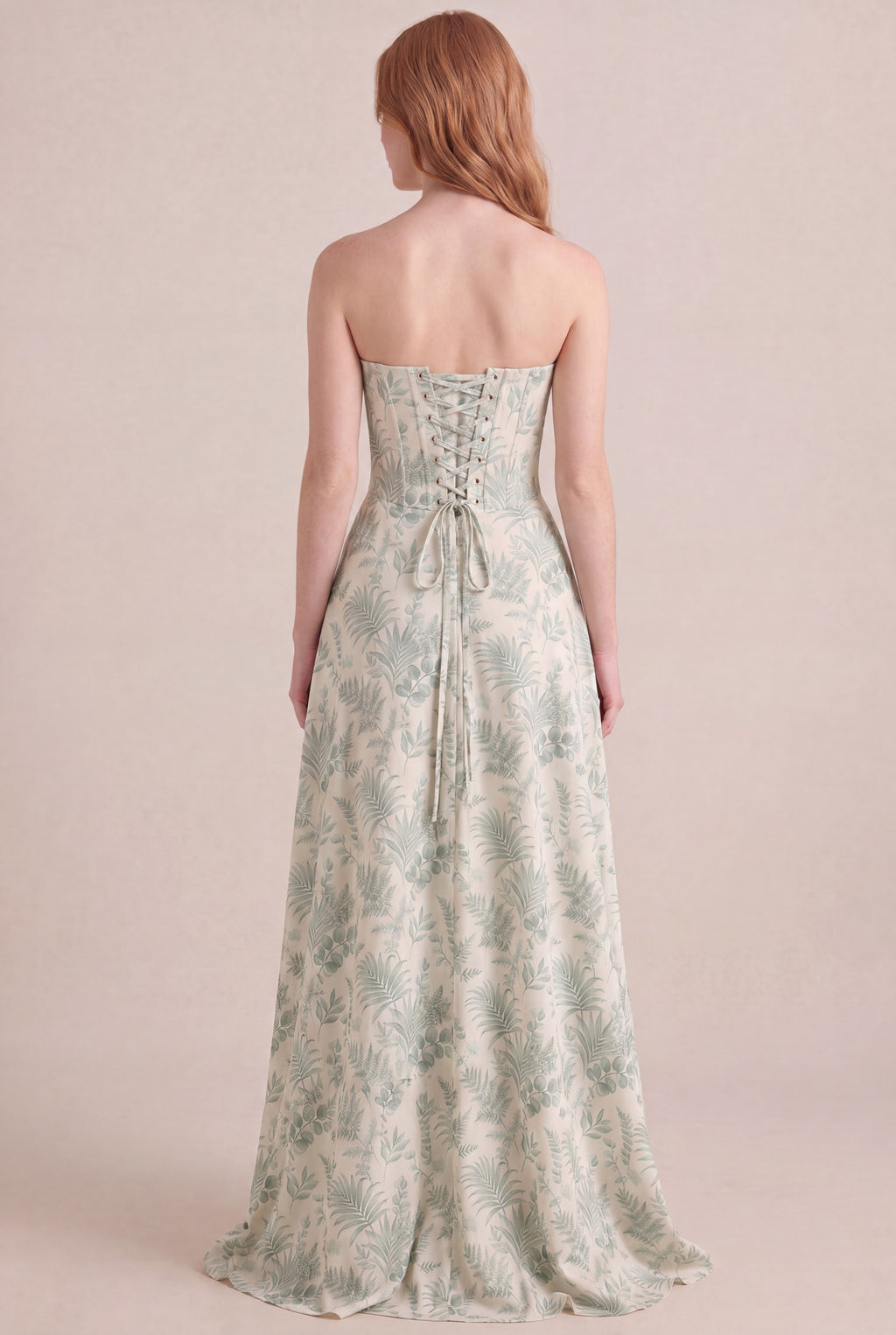 Verdé Palm Botanical Dress — Corset Maxi, back