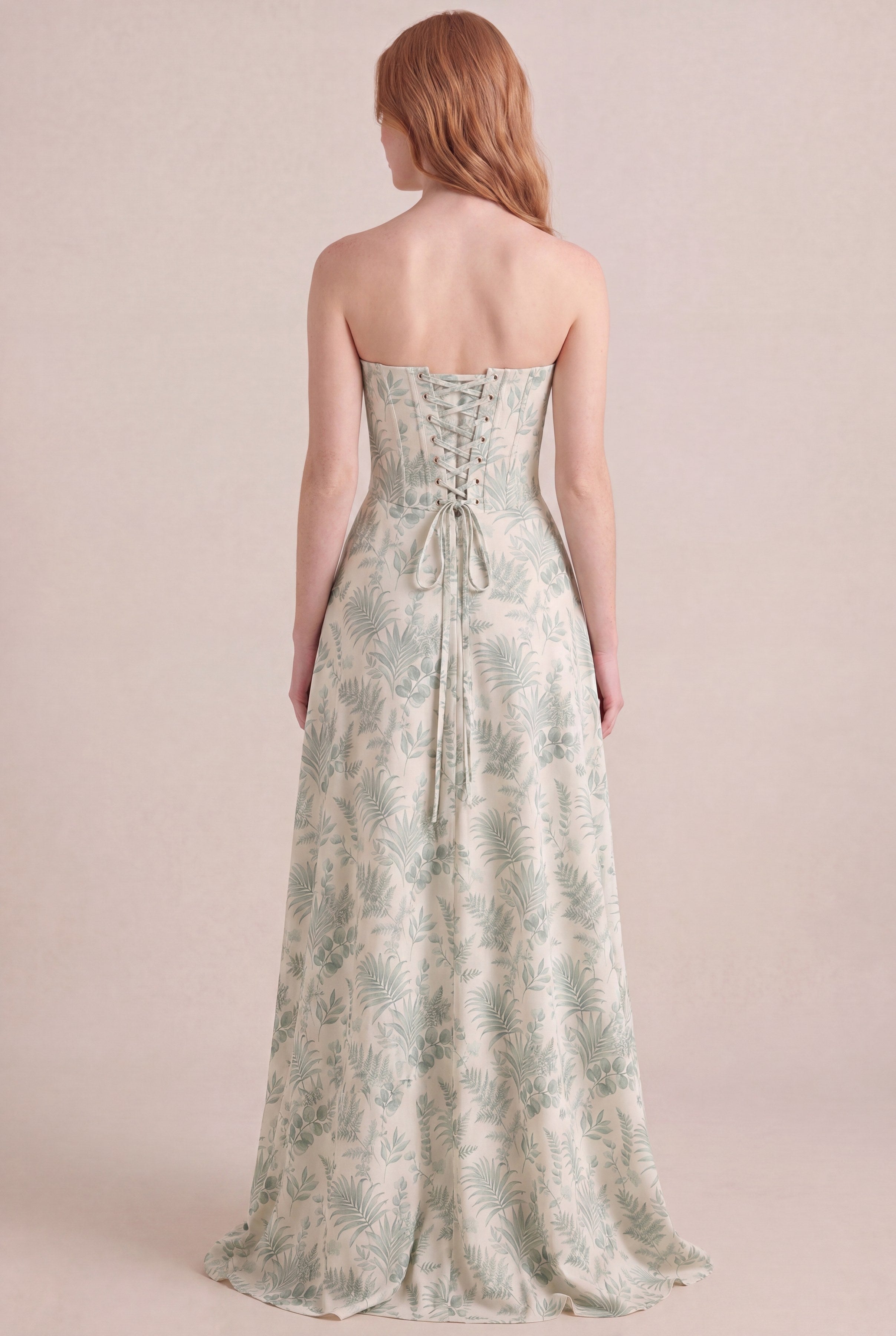 Verdé Palm Botanical Dress — Corset Maxi, back