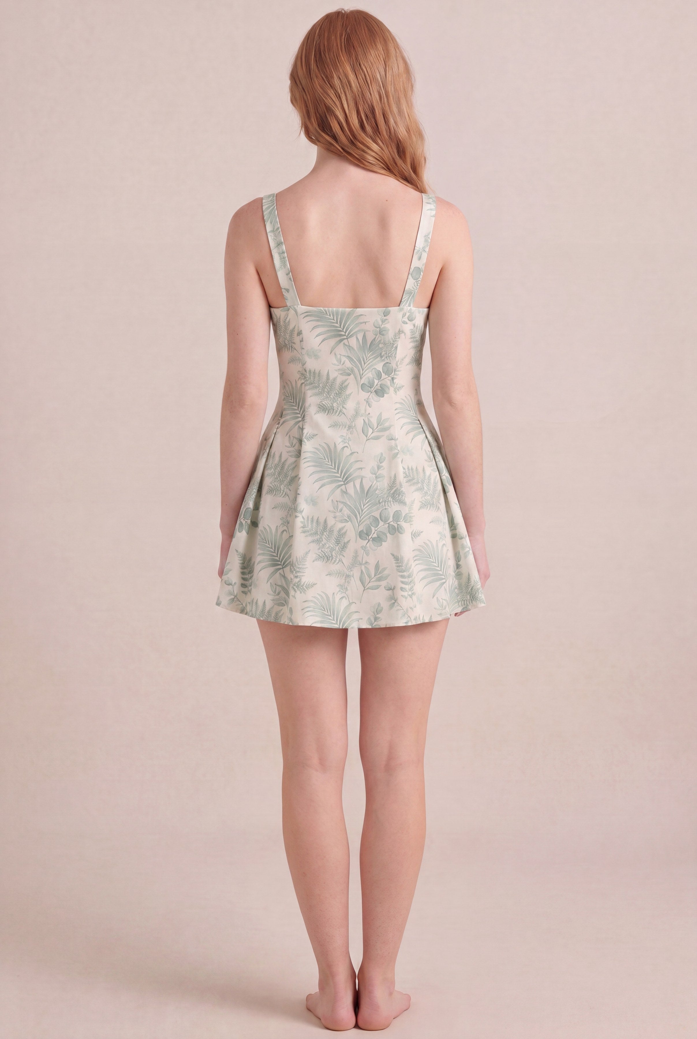 Verdé Palm Botanical Dress — Square Neck Mini, back