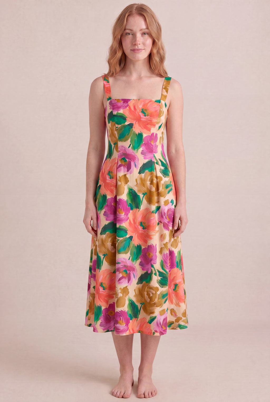 Atelier Bloom Floral Dress — Square Neck Midi, front