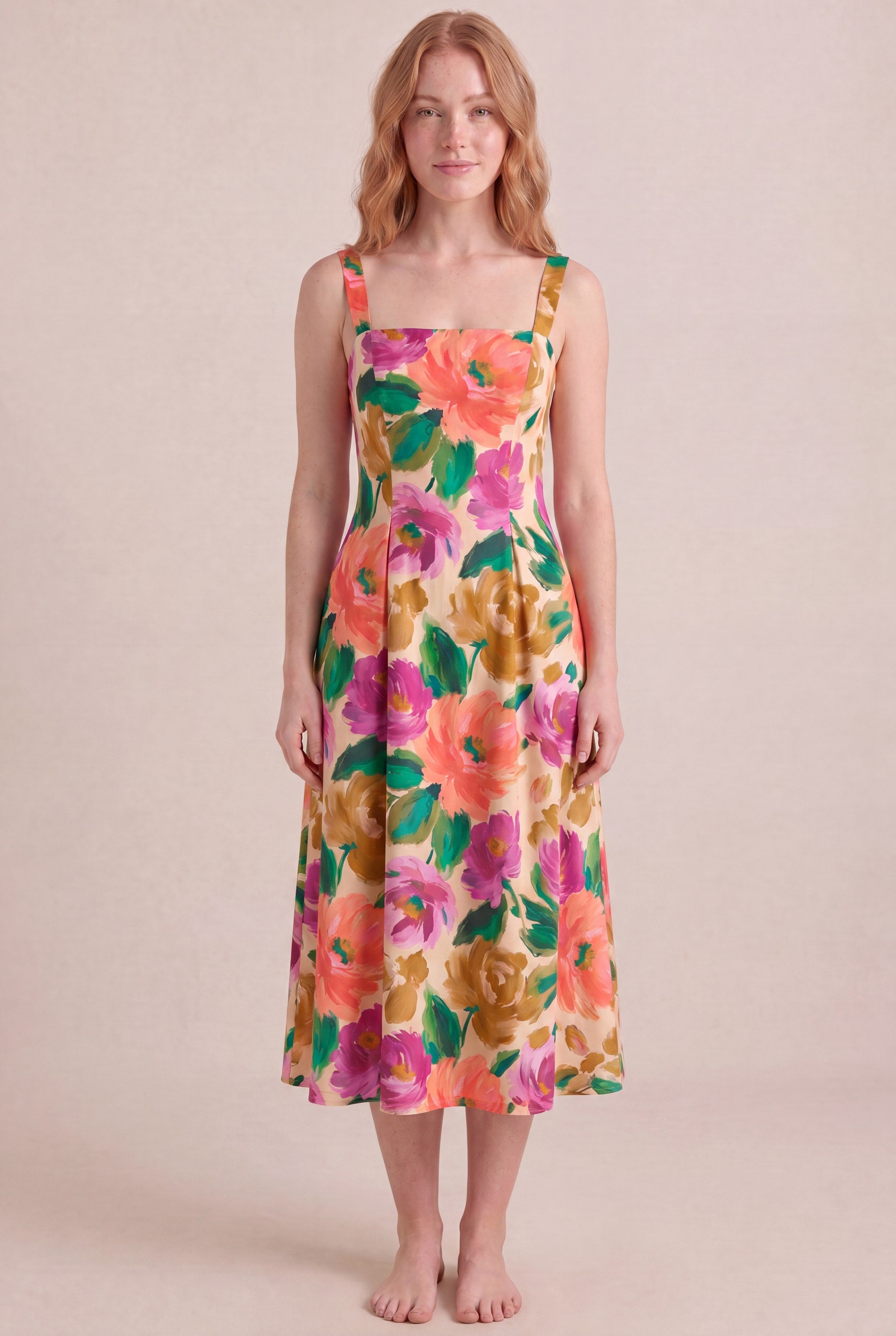 Atelier Bloom Floral Dress — Square Neck Midi, front