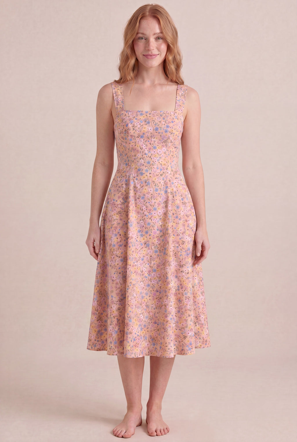 Bridgerton Ditsy Floral Dress — Square Neck Midi, front