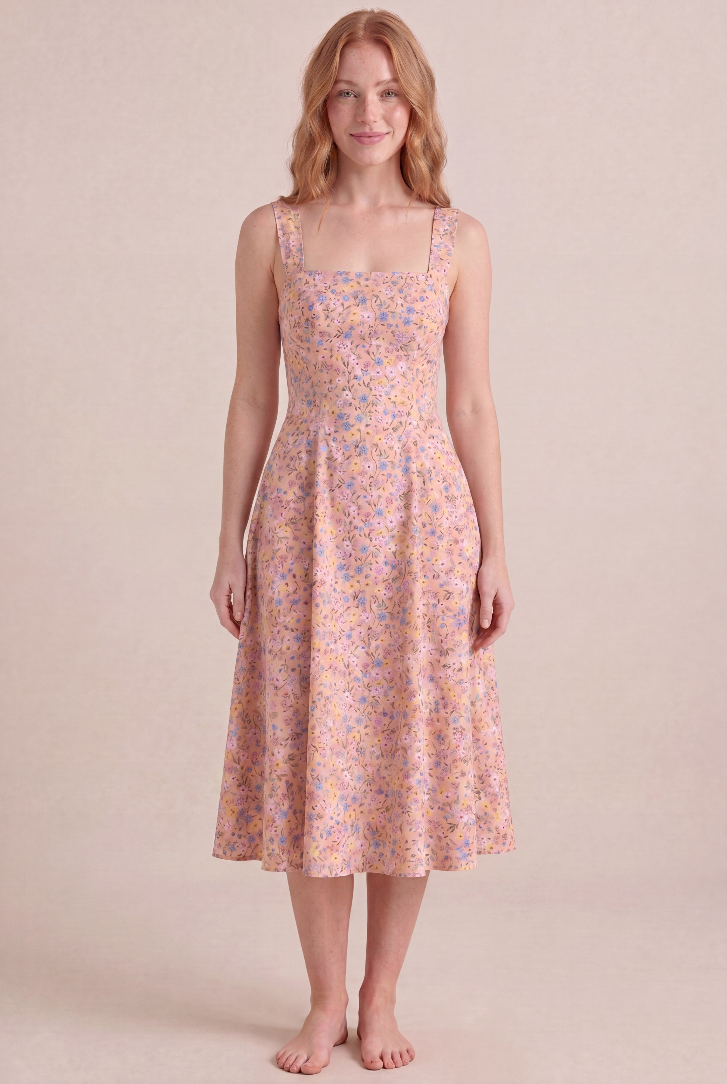 Bridgerton Ditsy Floral Dress — Square Neck Midi, front