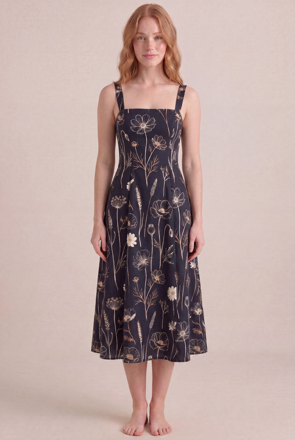 Noir Wildflower Floral Dress — Square Neck Midi, front
