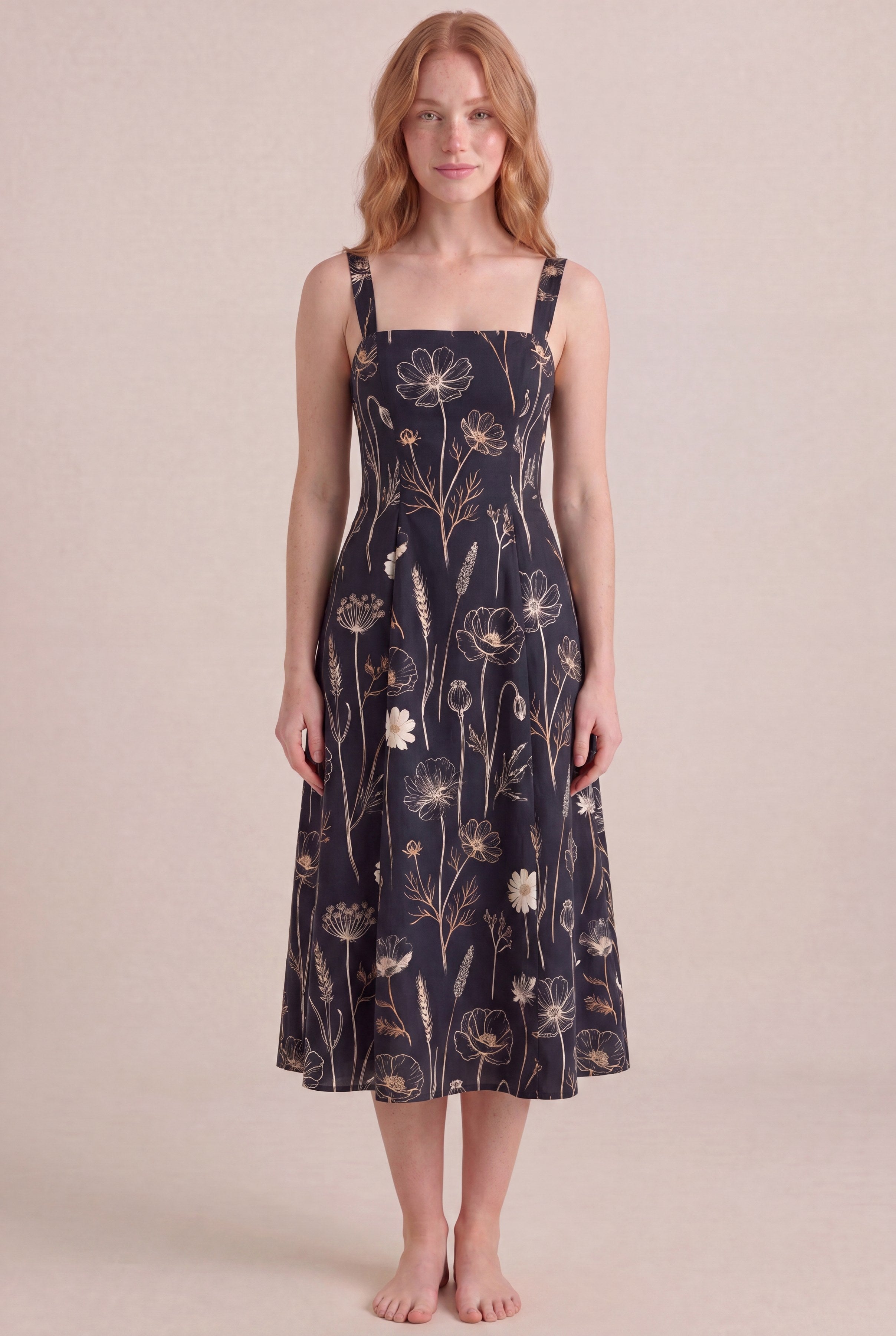 Noir Wildflower Floral Dress — Square Neck Midi, front