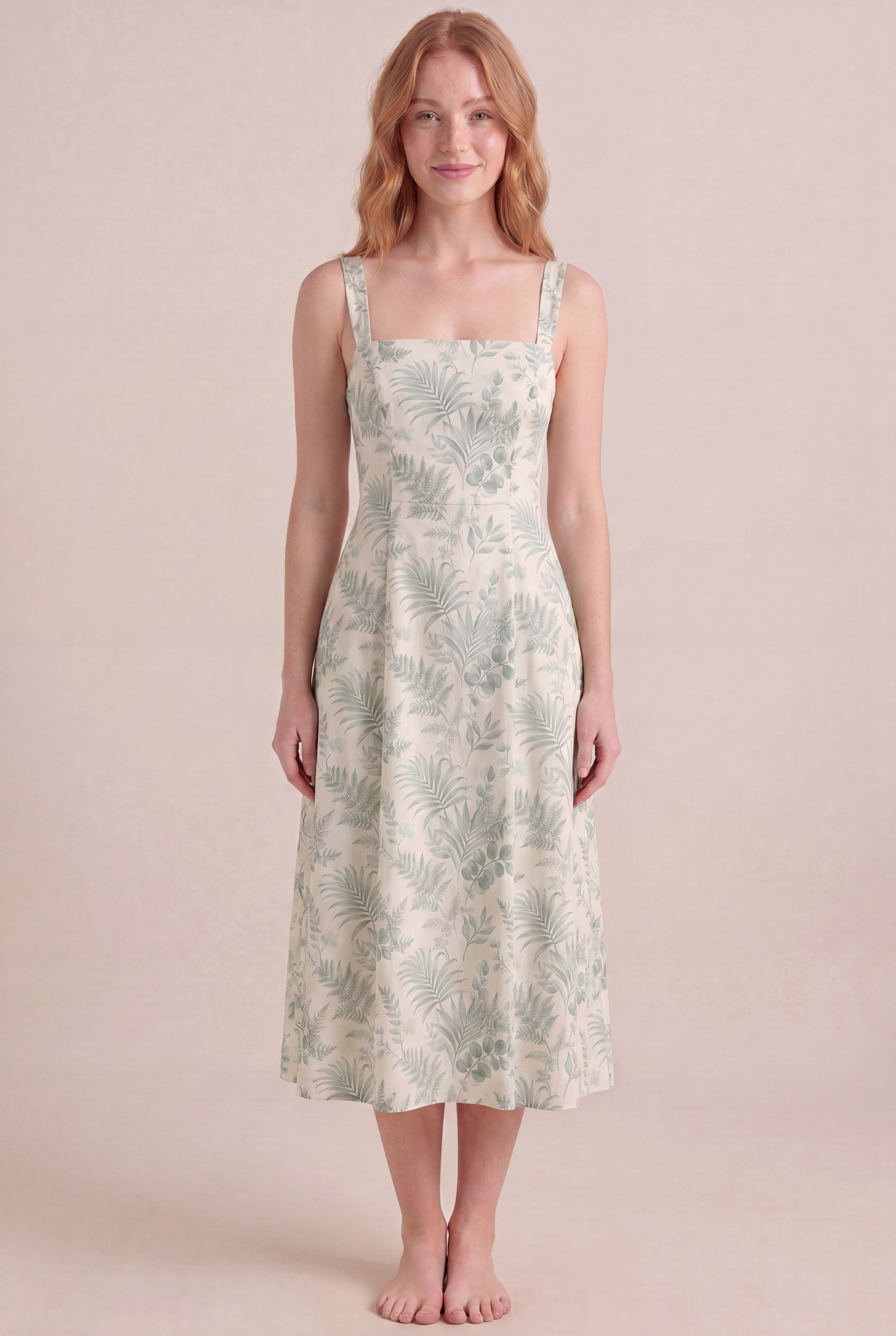 Verdé Palm Botanical Dress — Square Neck Midi, front