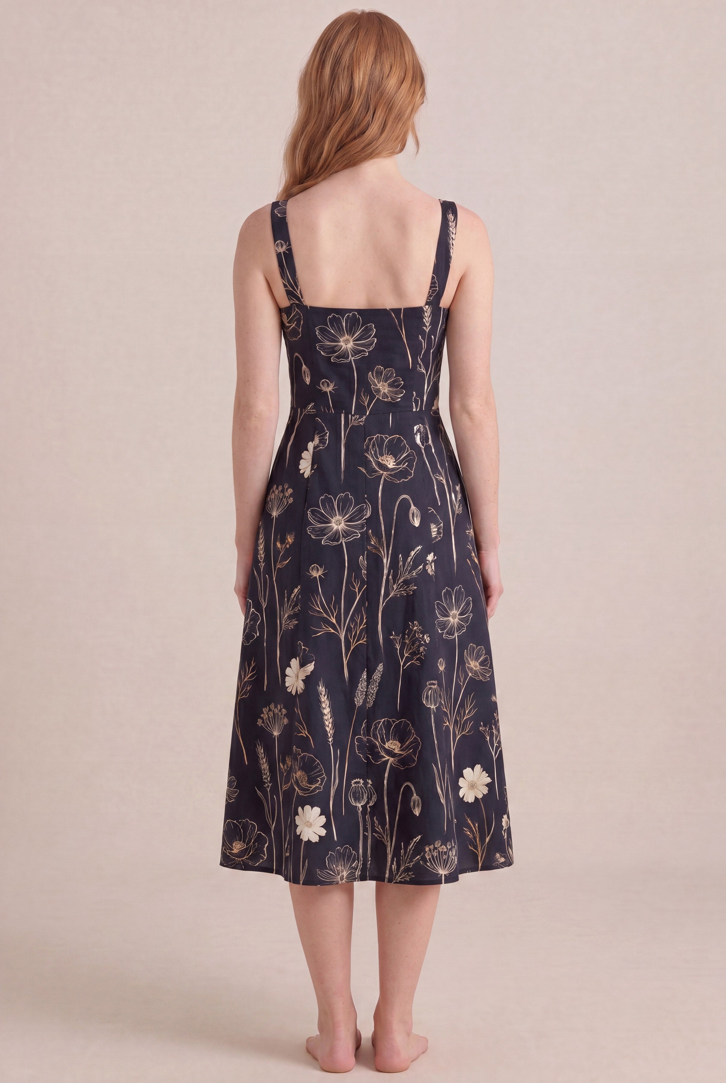 Noir Wildflower Floral Dress — Square Neck Midi, back