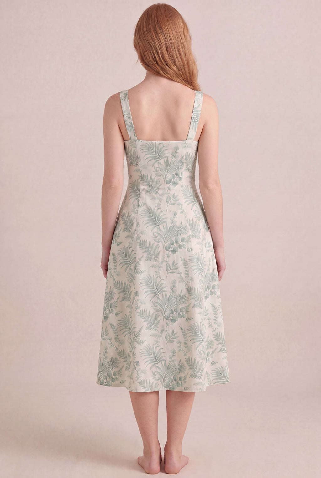 Verdé Palm Botanical Dress — Square Neck Midi, back