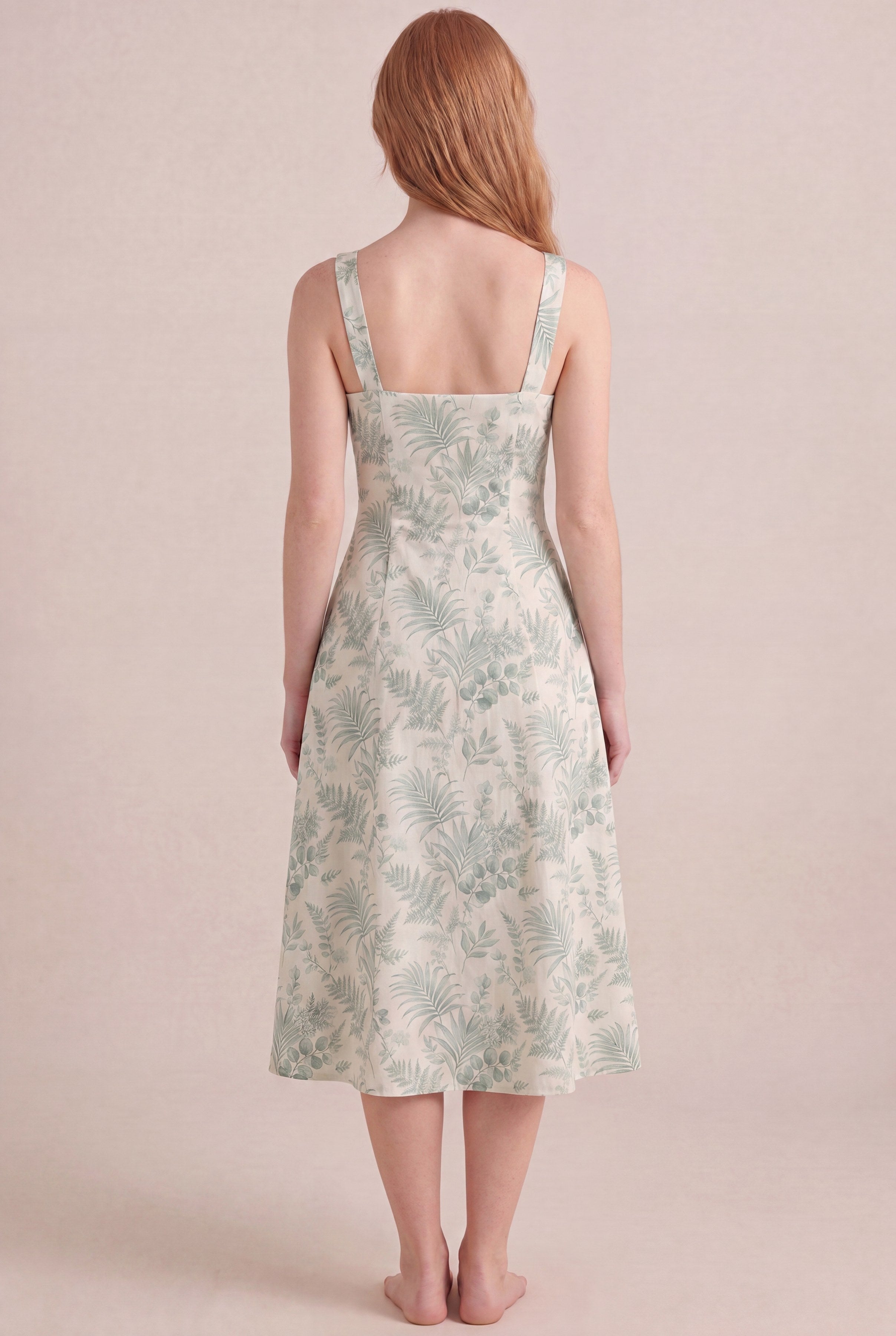 Verdé Palm Botanical Dress — Square Neck Midi, back