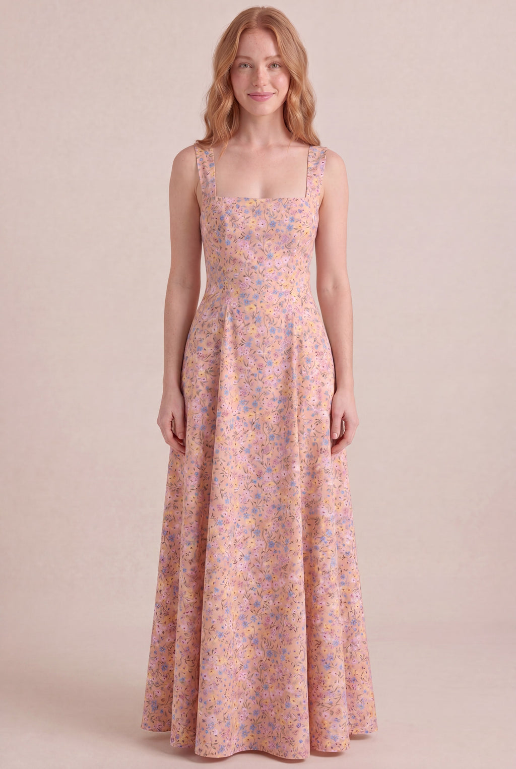Bridgerton Ditsy Floral Dress — Square Neck Maxi, front