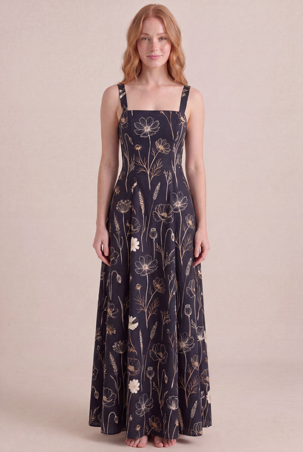Noir Wildflower Floral Dress — Square Neck Maxi, front