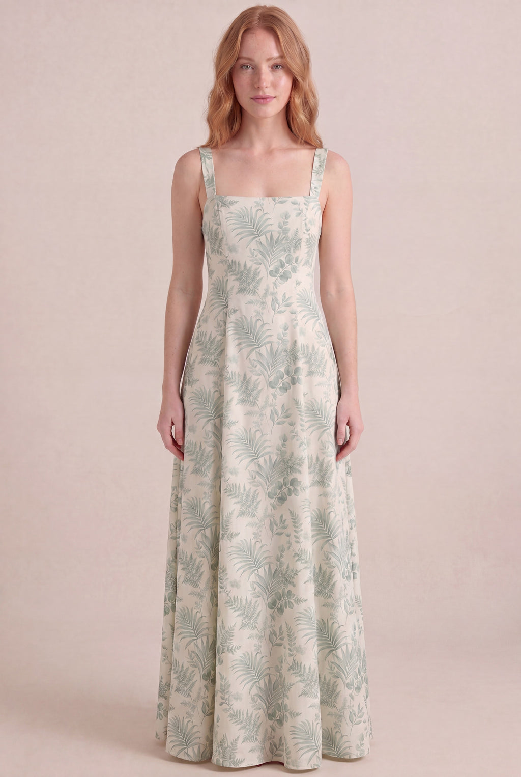 Verdé Palm Botanical Dress — Square Neck Maxi, front