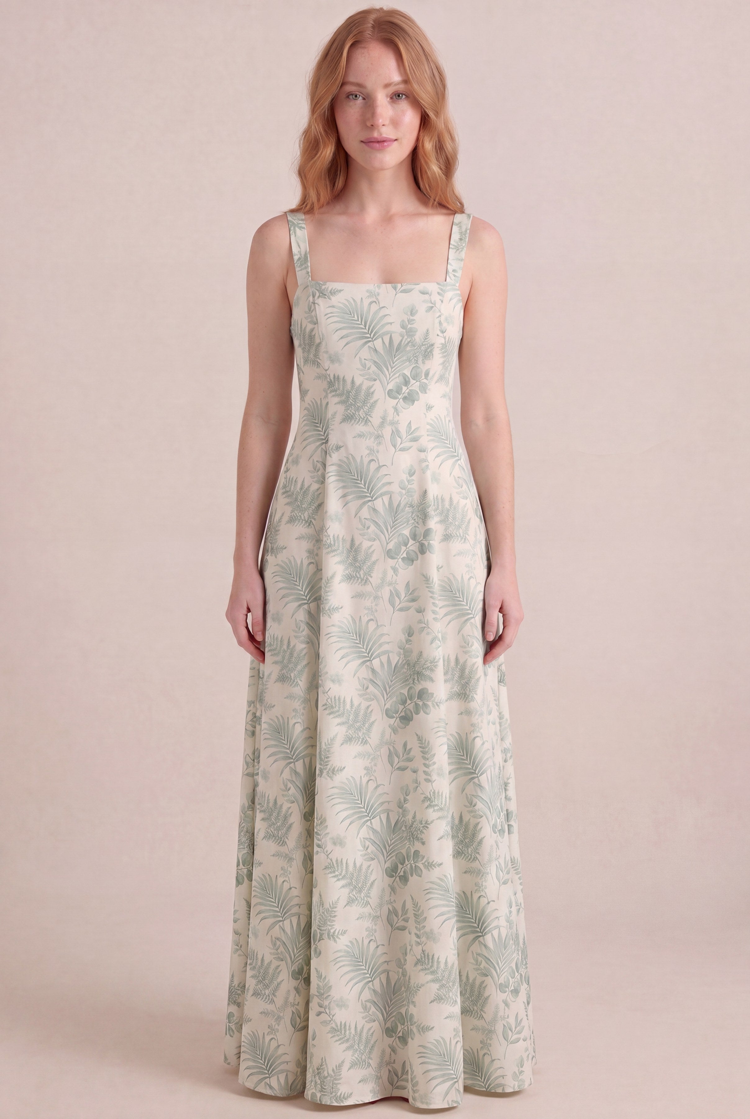 Verdé Palm Botanical Dress — Square Neck Maxi, front