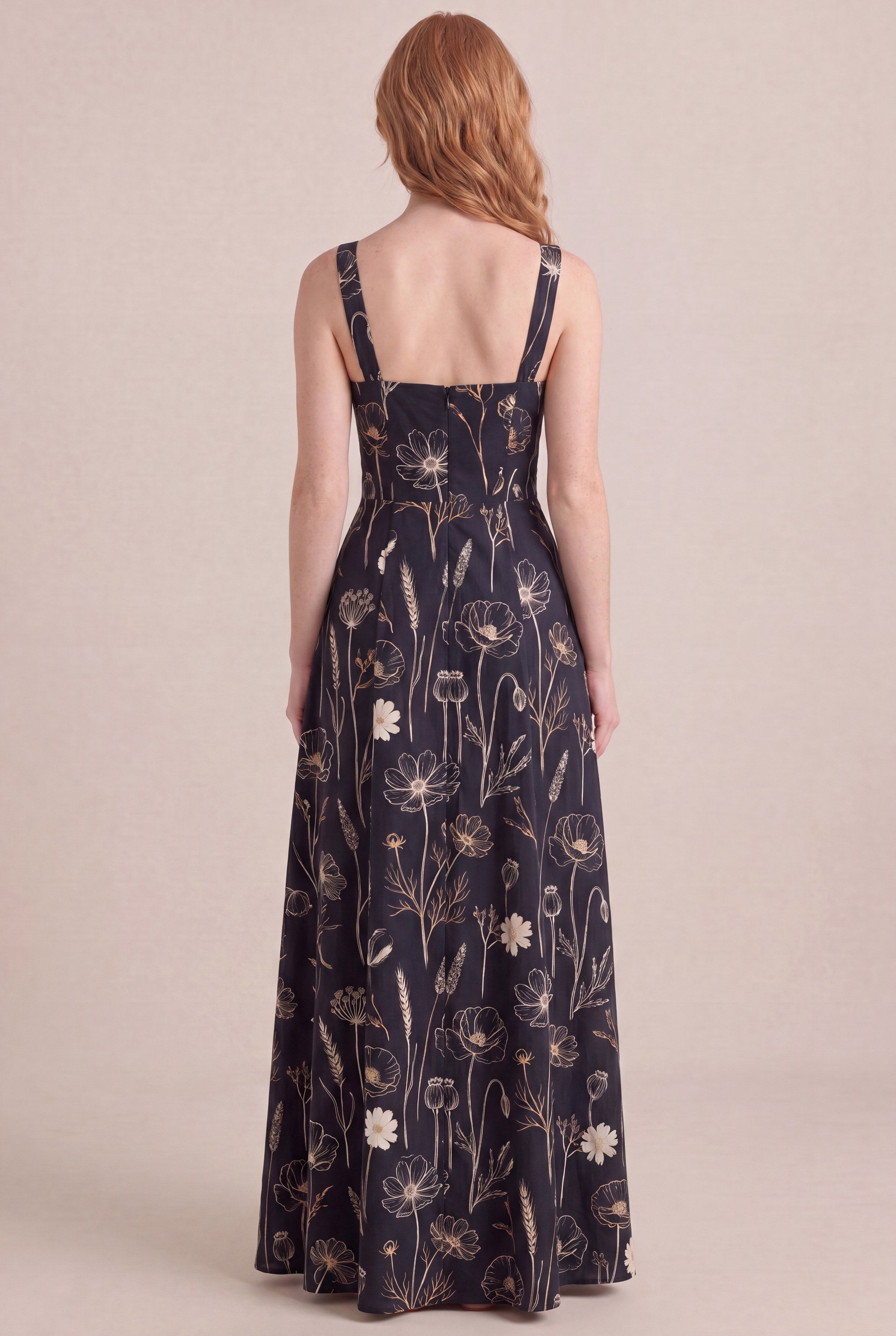 Noir Wildflower Floral Dress — Square Neck Maxi, back