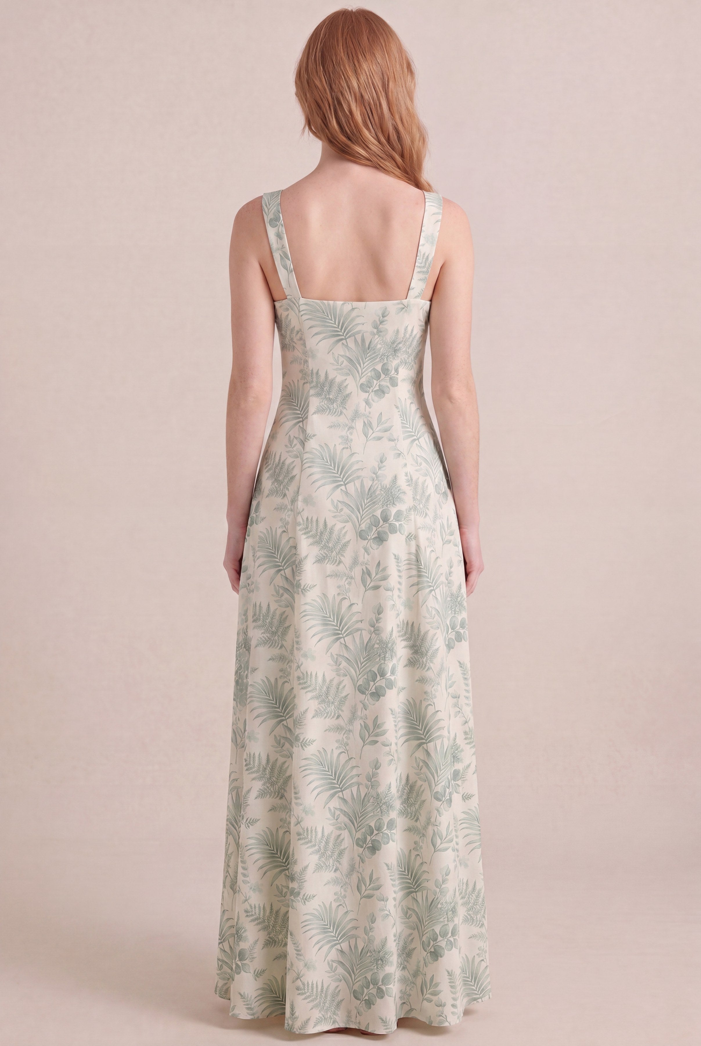 Verdé Palm Botanical Dress — Square Neck Maxi, back