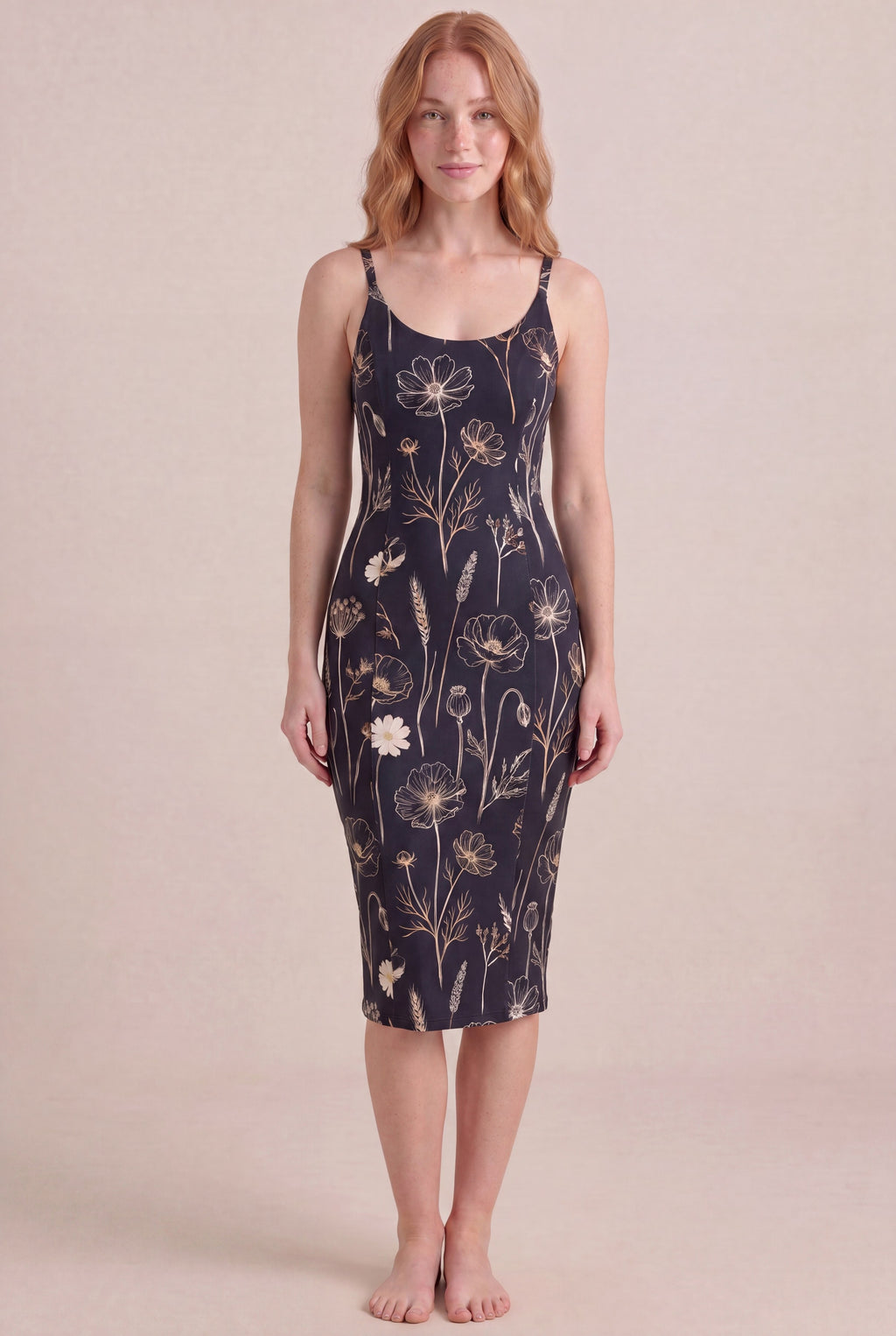 Noir Wildflower Floral Dress — Bodycon Midi, front