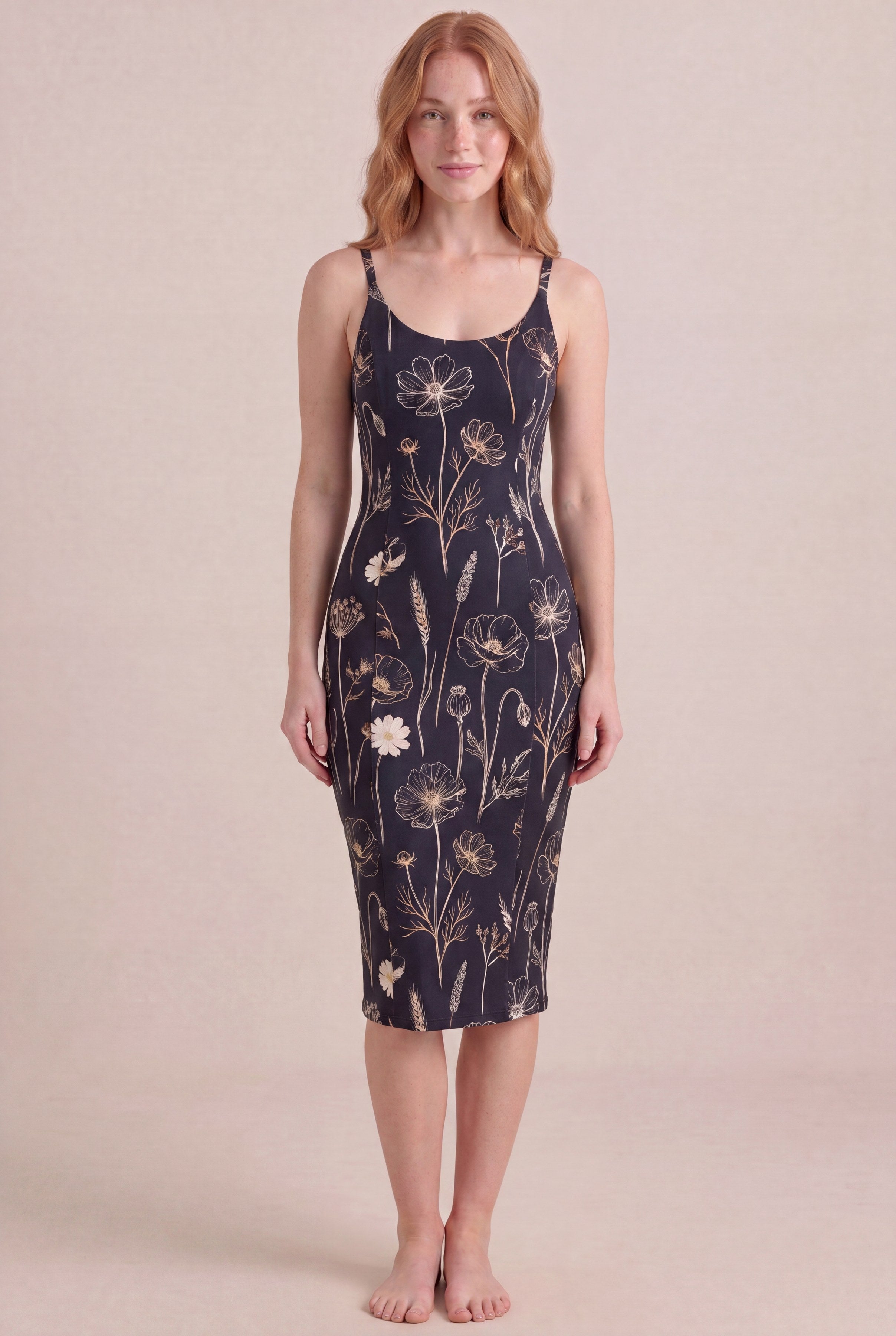 Noir Wildflower Floral Dress — Bodycon Midi, front