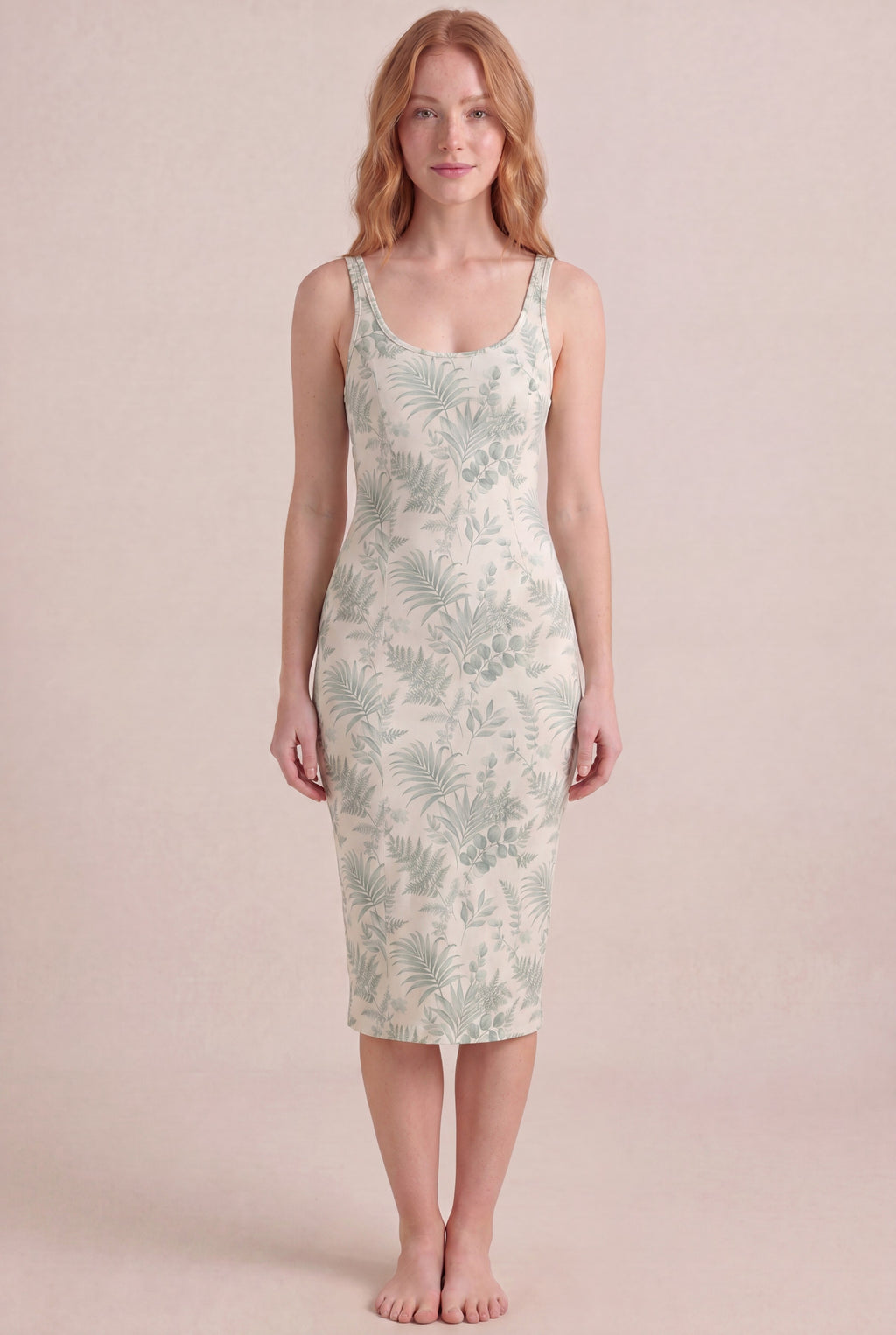 Verdé Palm Botanical Dress — Bodycon Midi, front