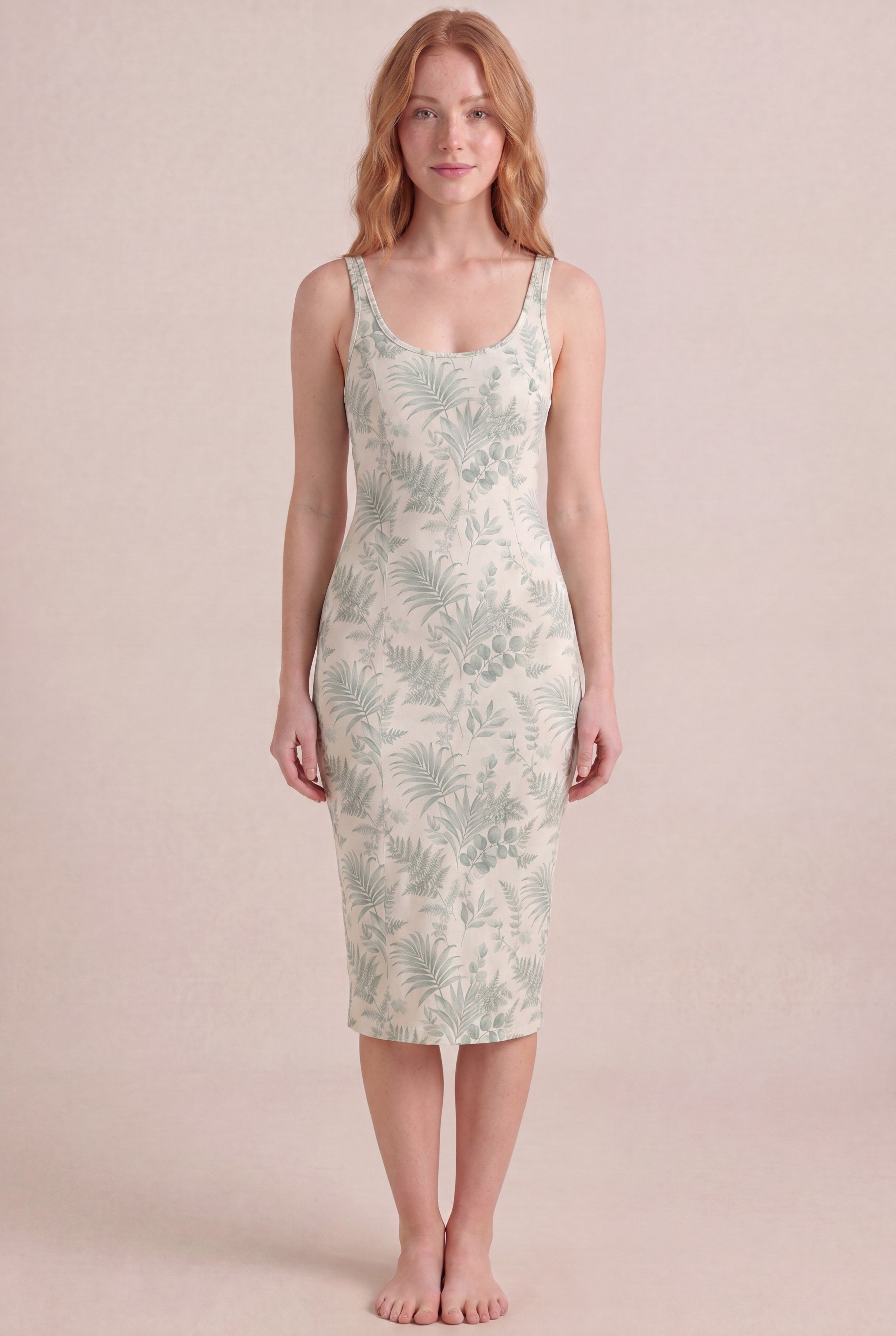 Verdé Palm Botanical Dress — Bodycon Midi, front