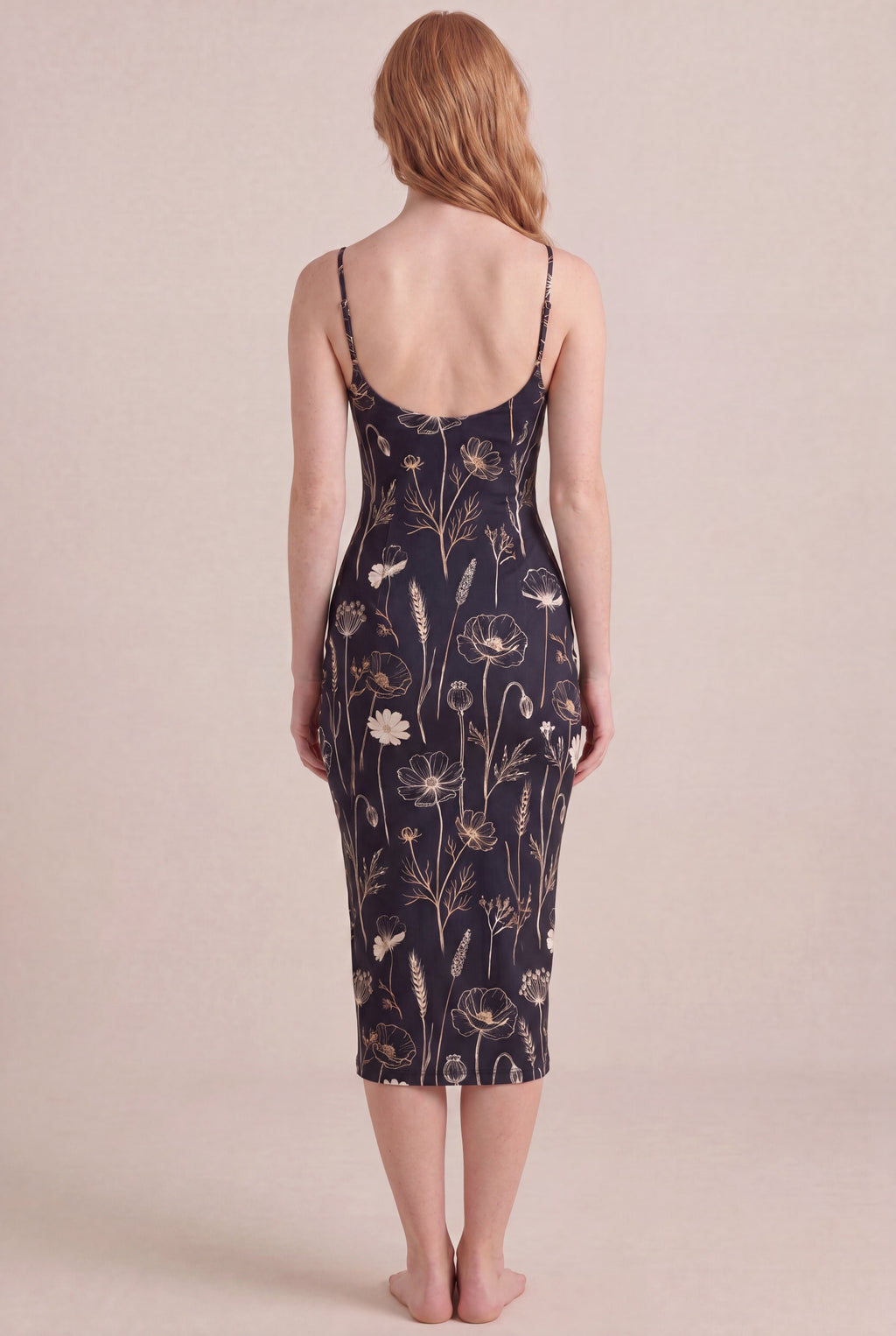 Noir Wildflower Floral Dress — Bodycon Midi, back