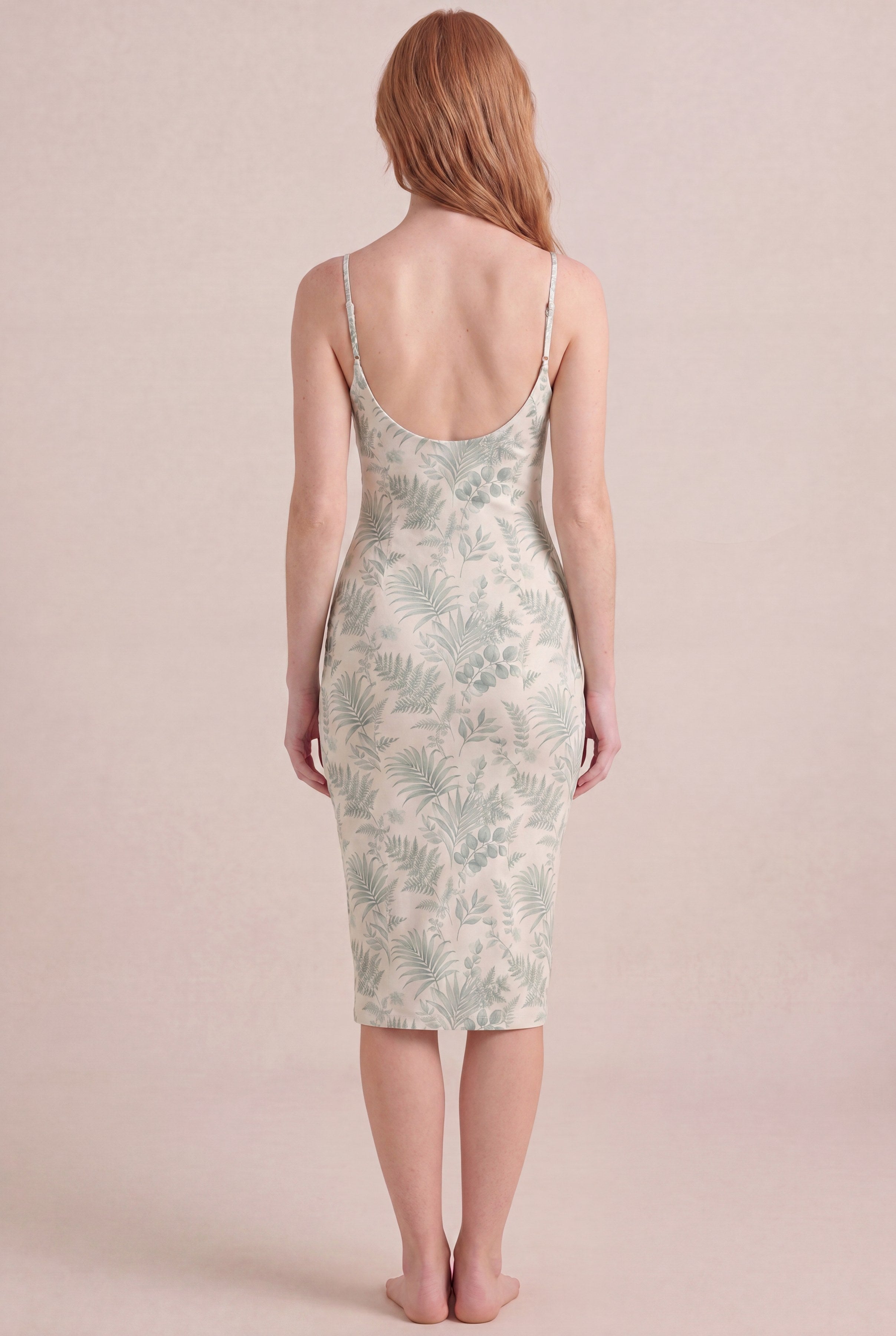 Verdé Palm Botanical Dress — Bodycon Midi, back