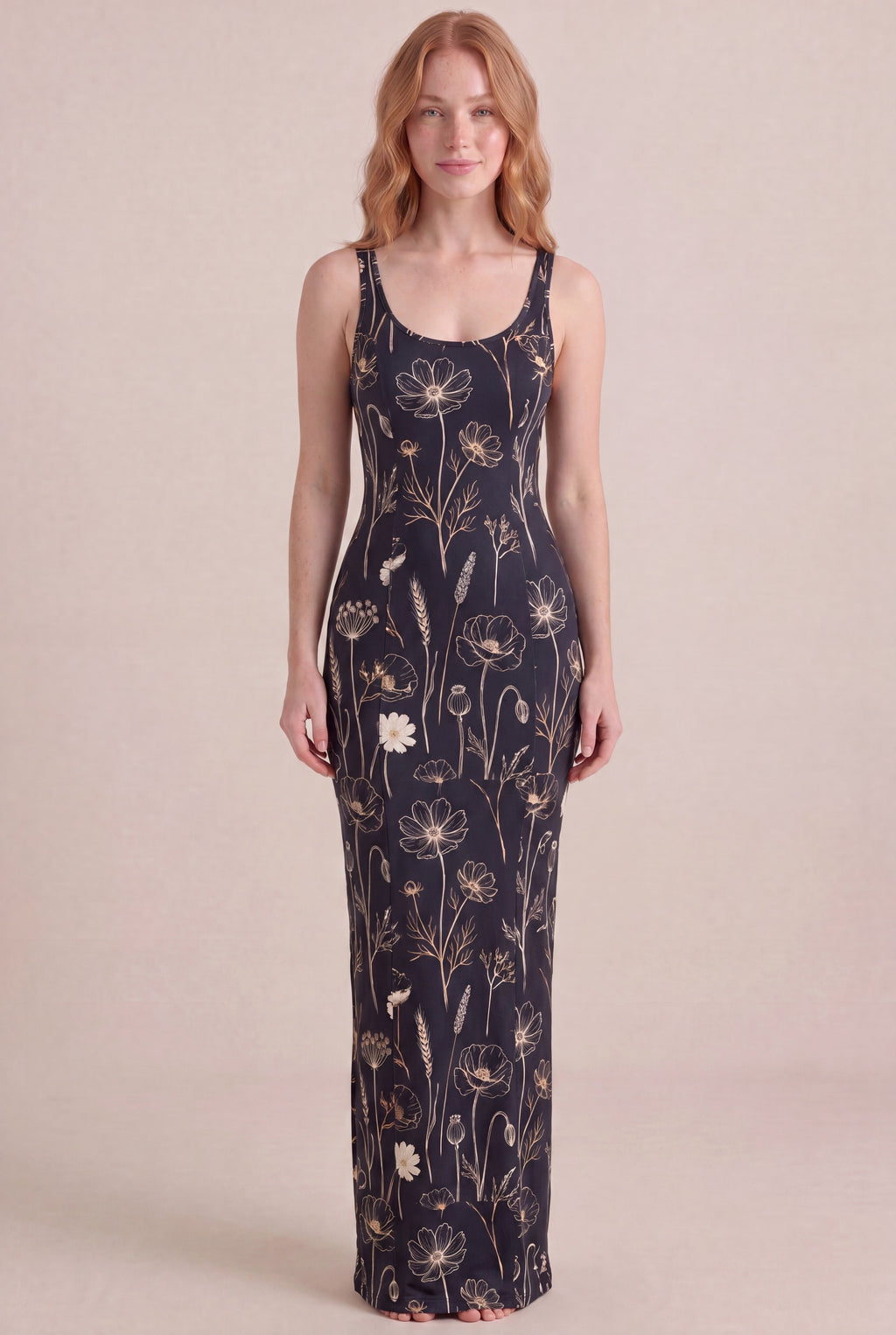 Noir Wildflower Floral Dress — Bodycon Maxi, front