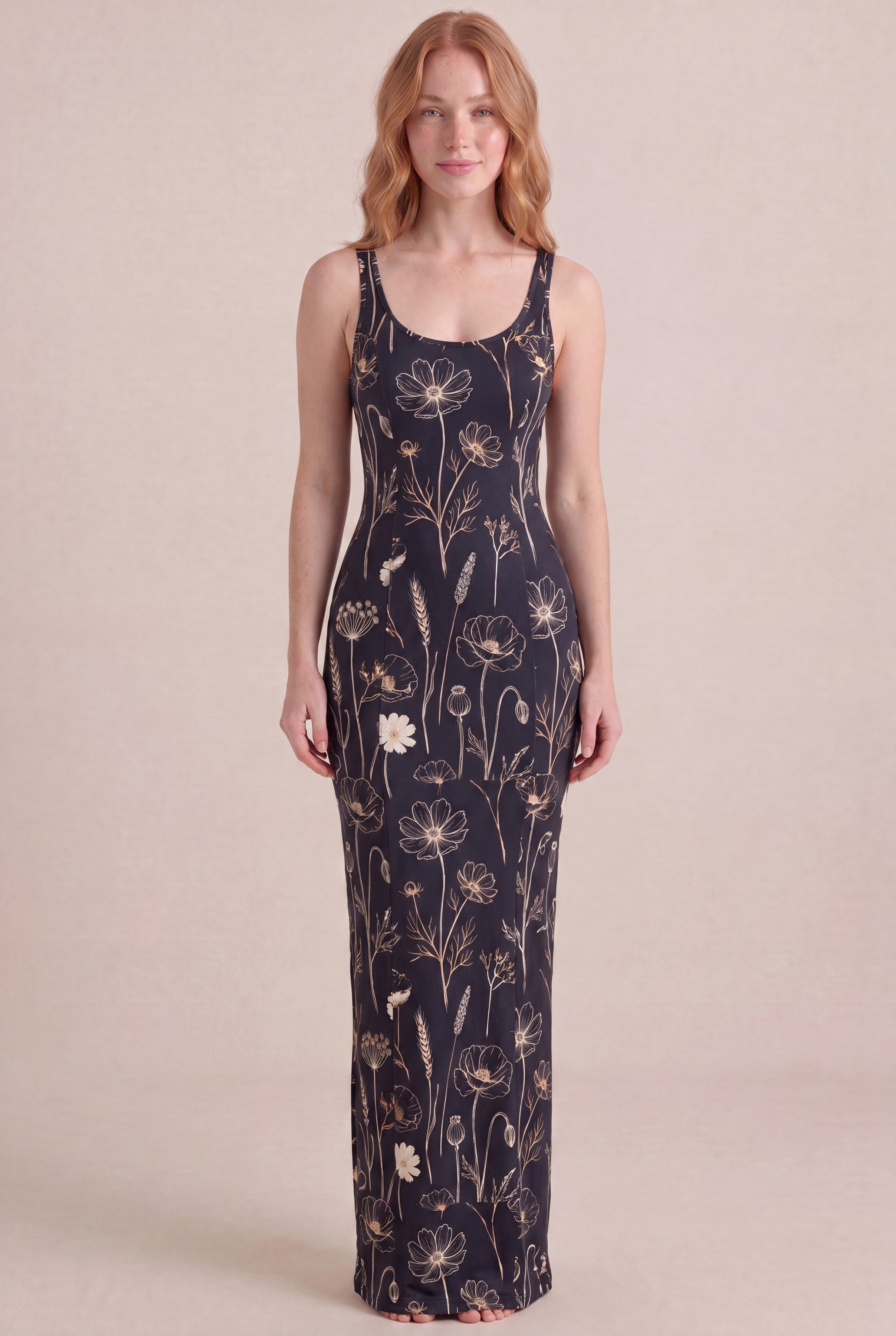 Noir Wildflower Floral Dress — Bodycon Maxi, front