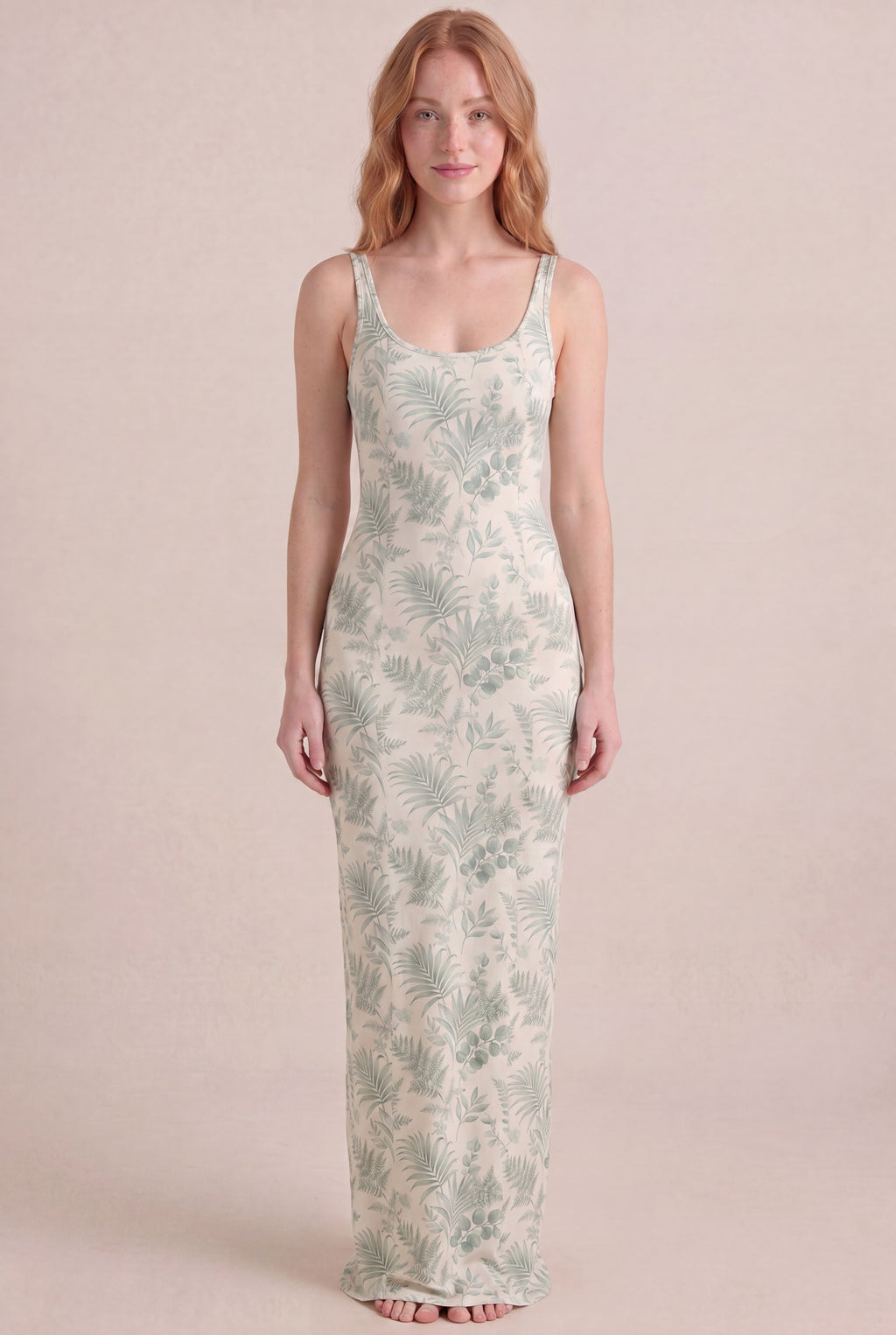 Verdé Palm Botanical Dress — Bodycon Maxi, front