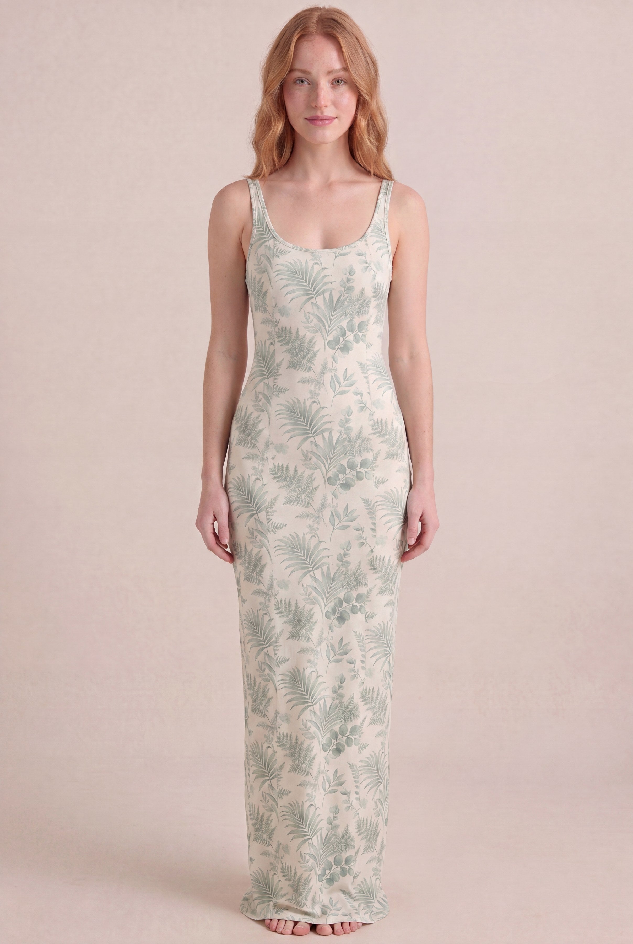 Verdé Palm Botanical Dress — Bodycon Maxi, front