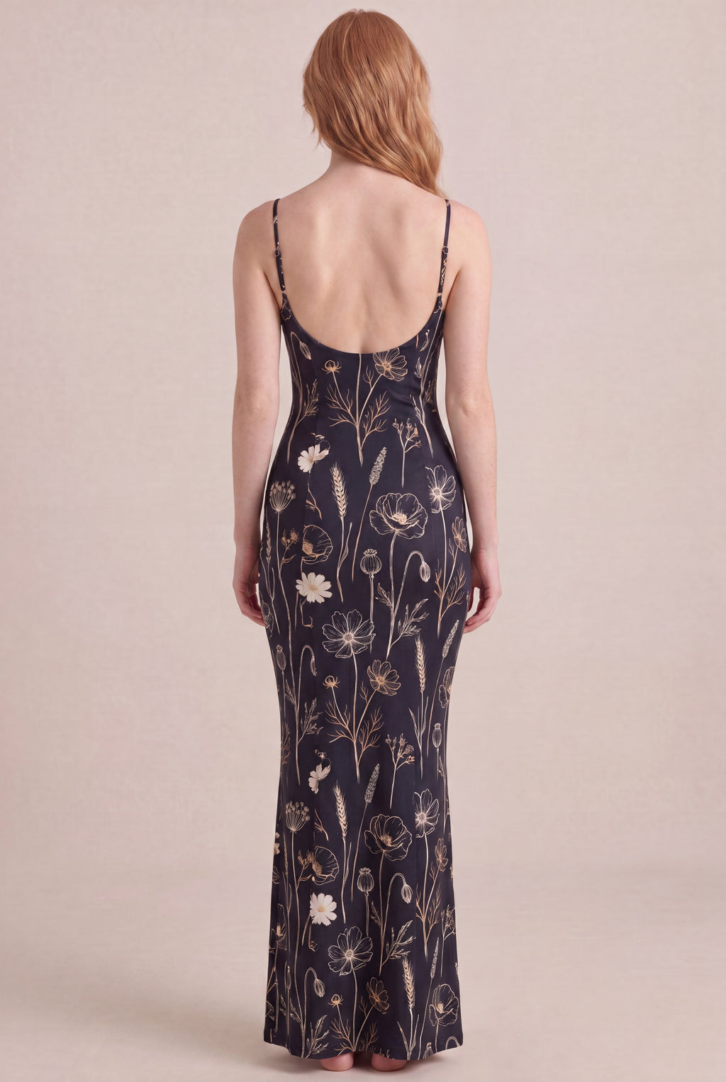 Noir Wildflower Floral Dress — Bodycon Maxi, back