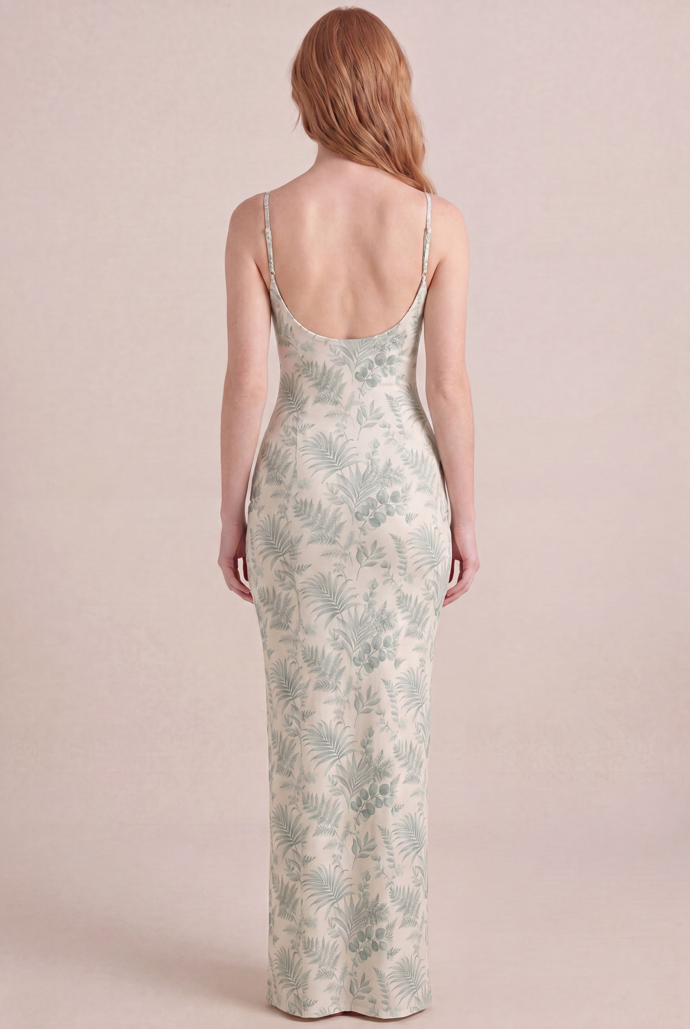 Verdé Palm Botanical Dress — Bodycon Maxi, back