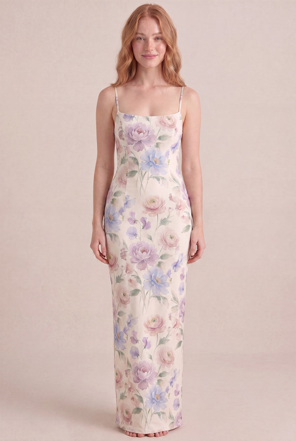 Aquarelle Bloom Floral Dress – Bodycon body-hugging column, maxi length, front view