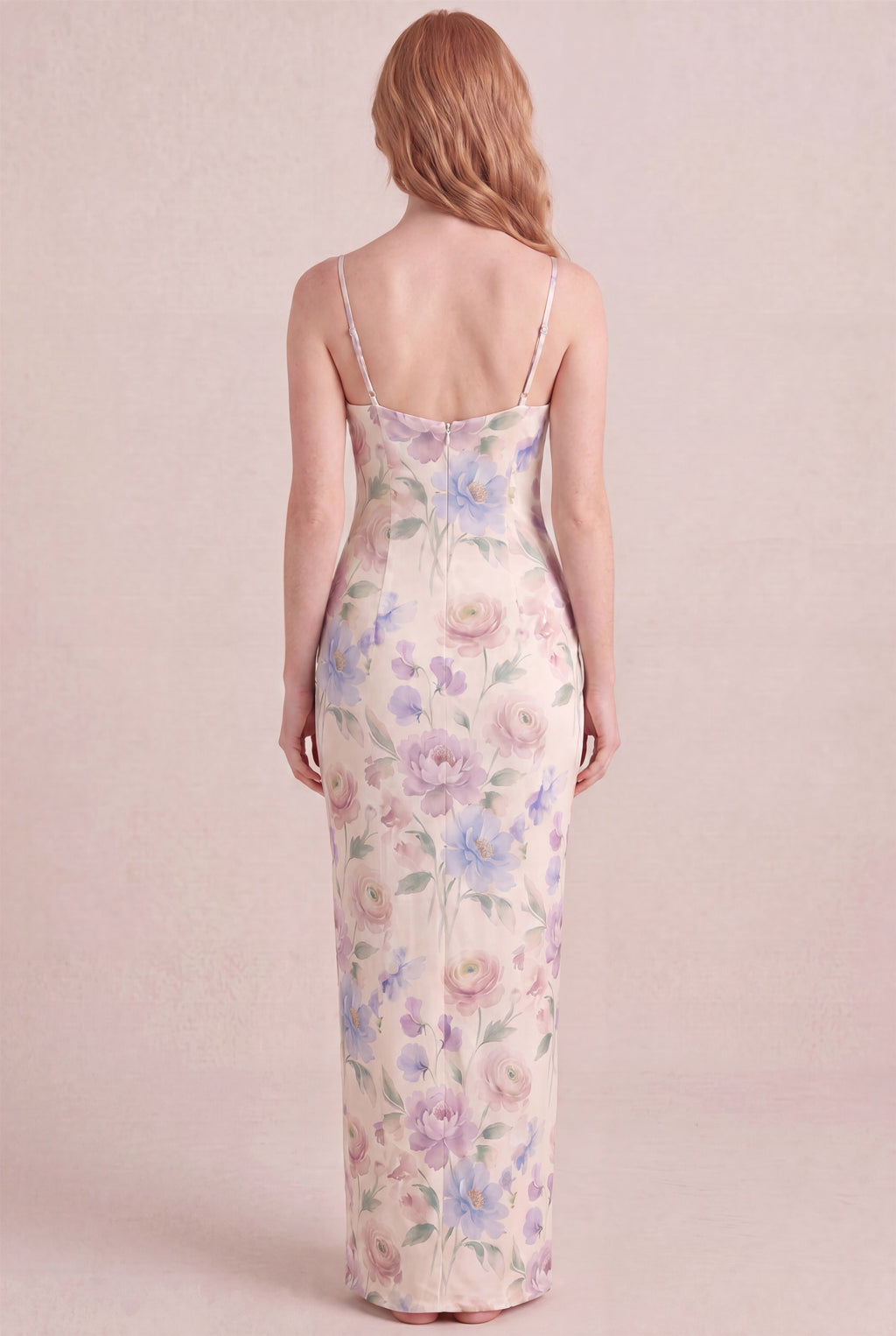 Aquarelle Bloom Floral Dress – Bodycon low scoop back, maxi length, back view