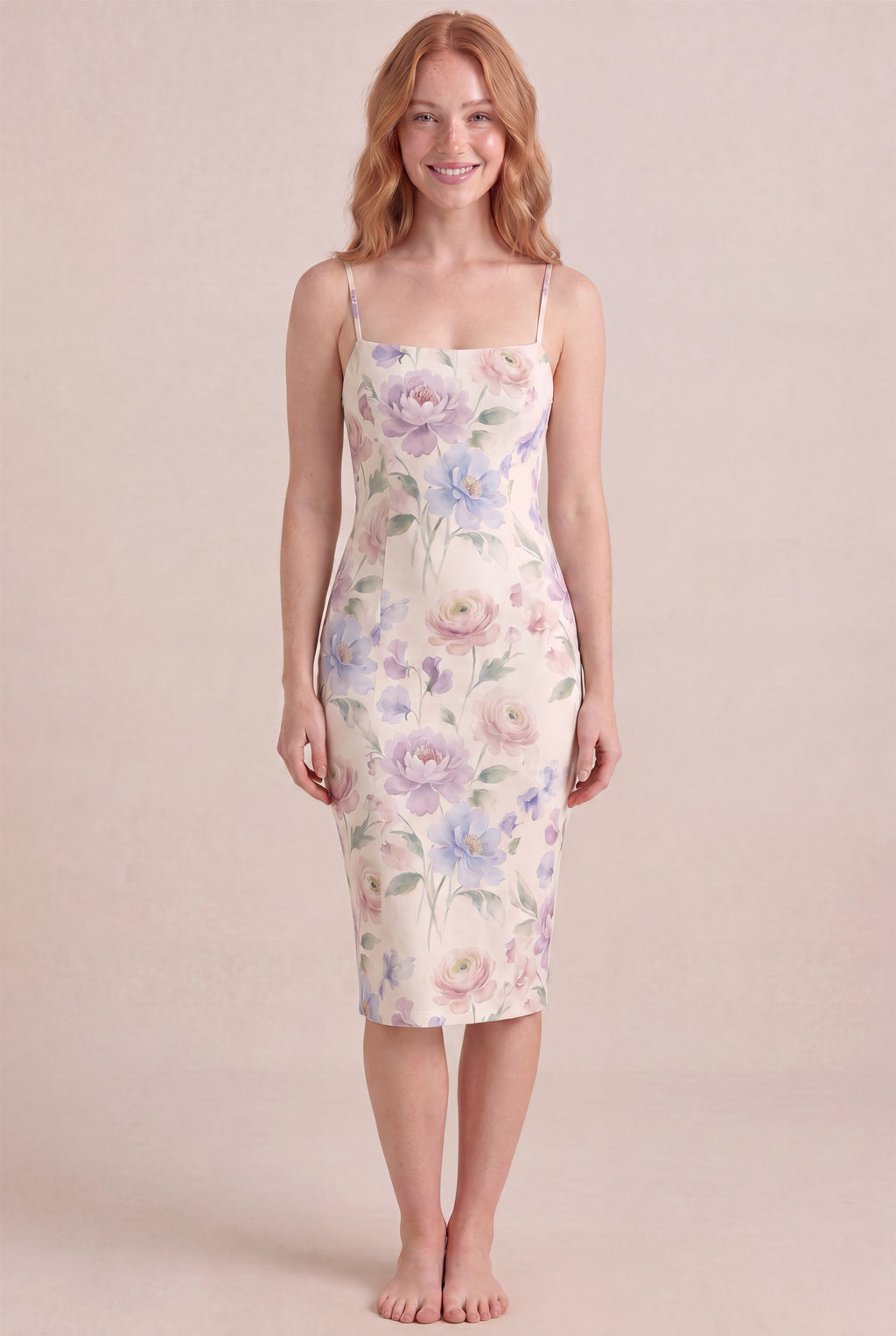 Aquarelle Bloom Floral Dress – Bodycon body-hugging fit, midi length, front view