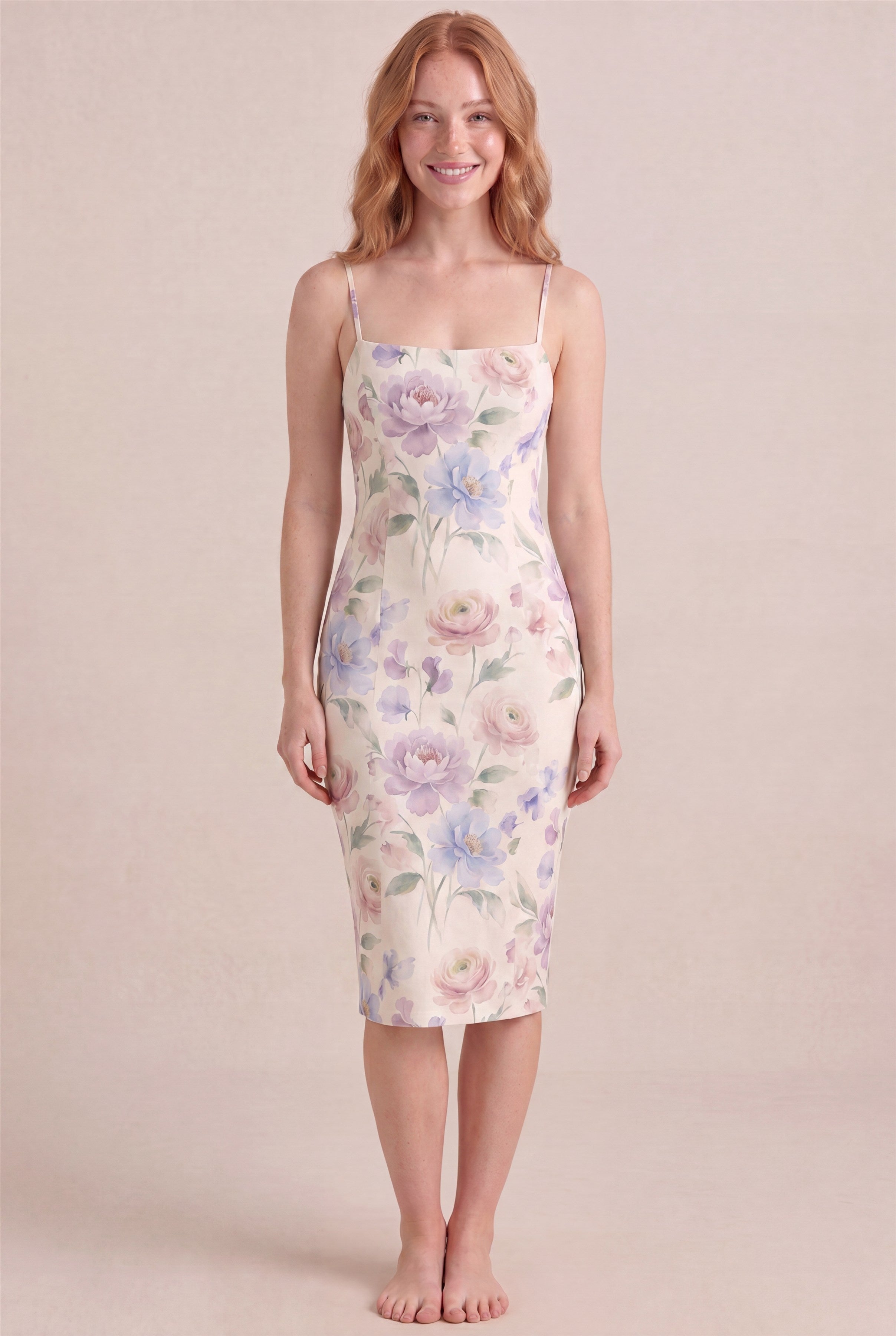 Aquarelle Bloom Floral Dress – Bodycon body-hugging fit, midi length, front view
