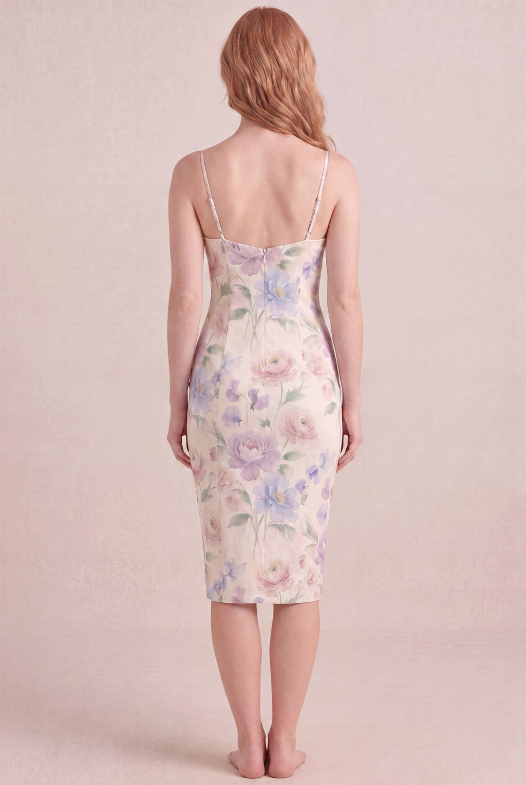 Aquarelle Bloom Floral Dress – Bodycon low scoop back, midi length, back view
