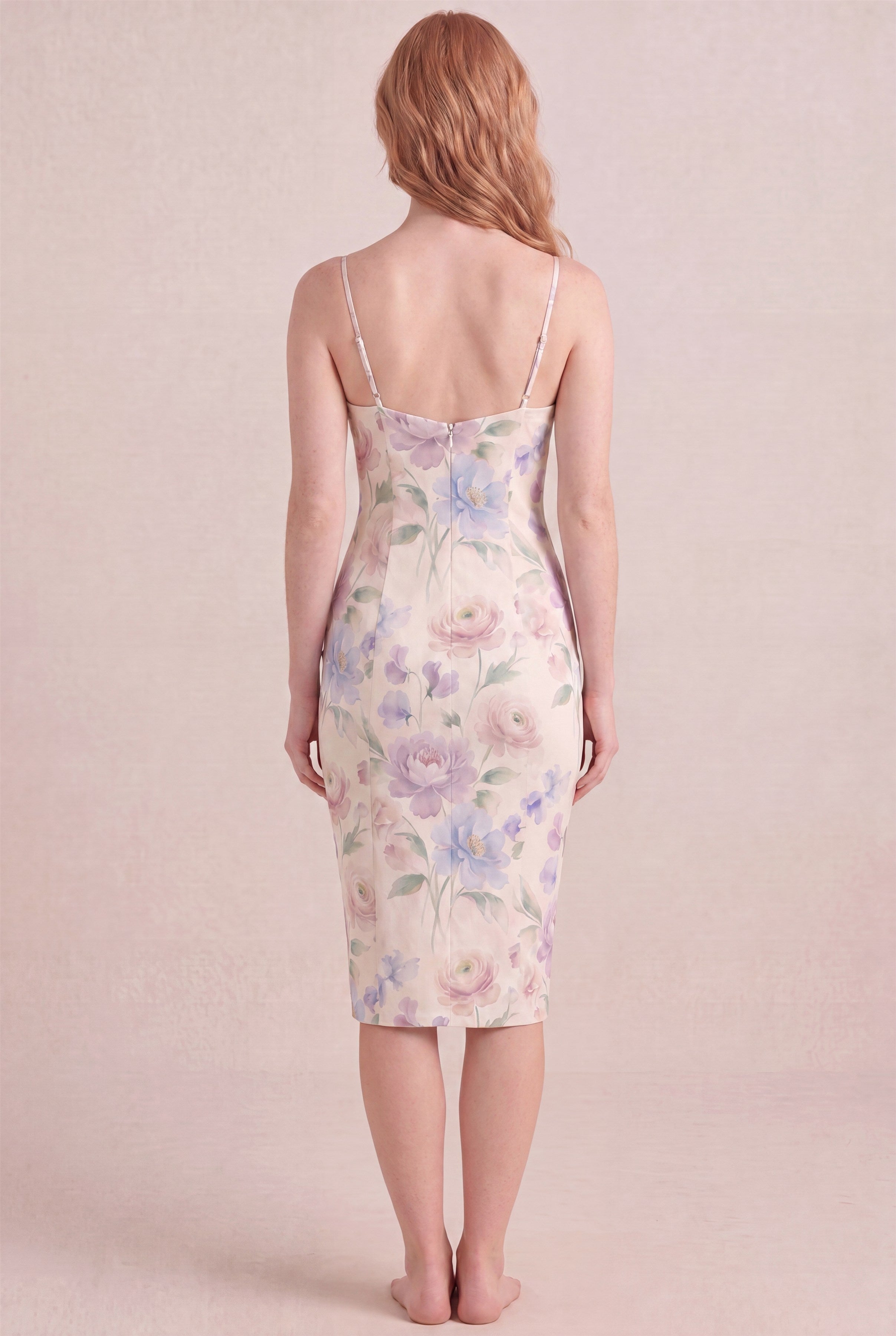 Aquarelle Bloom Floral Dress – Bodycon low scoop back, midi length, back view