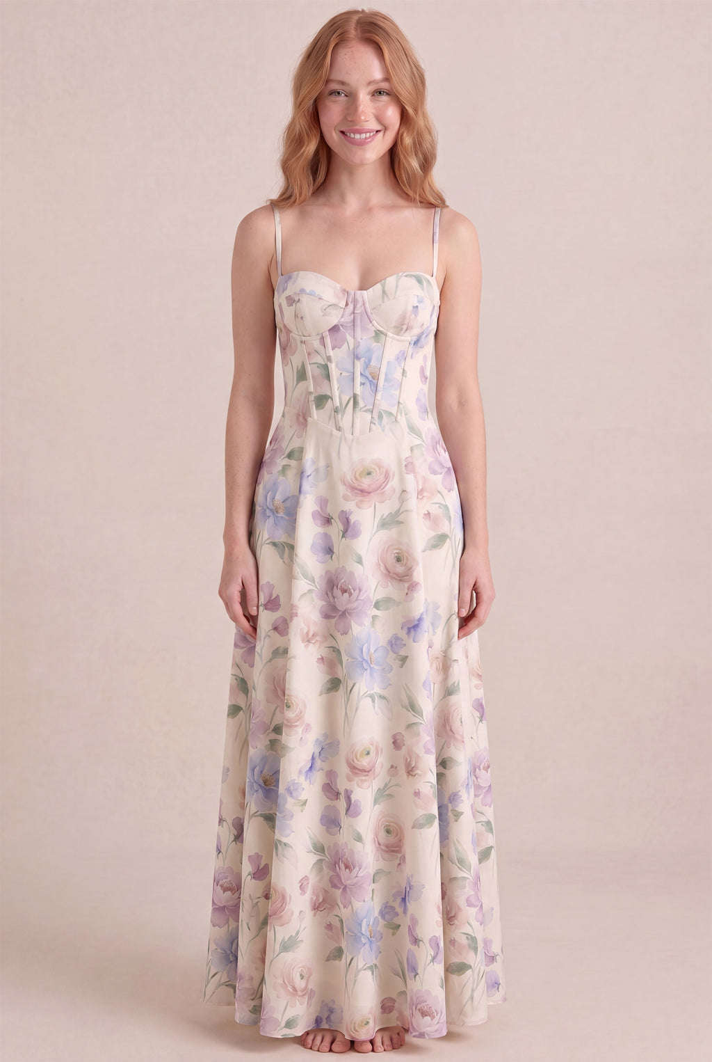 Aquarelle Bloom Floral Dress – Corset sweetheart bustier, maxi length, front view