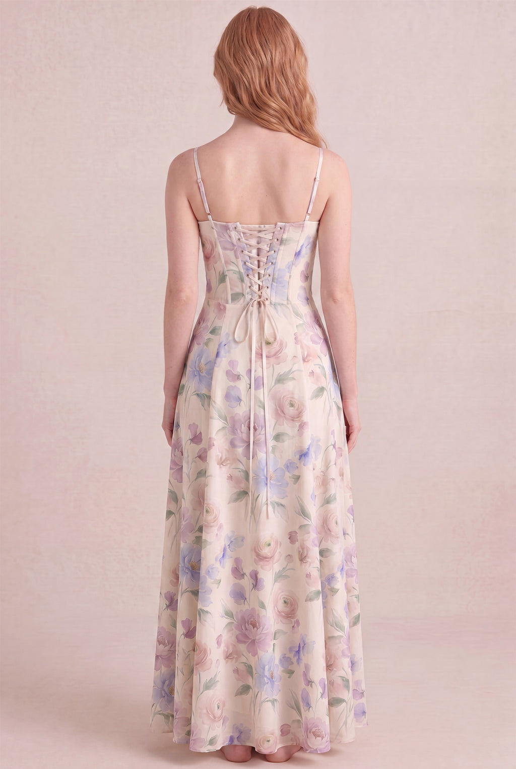 Aquarelle Bloom Floral Dress – Corset lace-up back, maxi length, back view