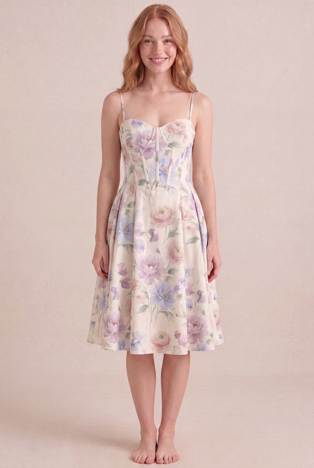 Aquarelle Bloom Floral Dress – Corset sweetheart bustier, midi length, front view