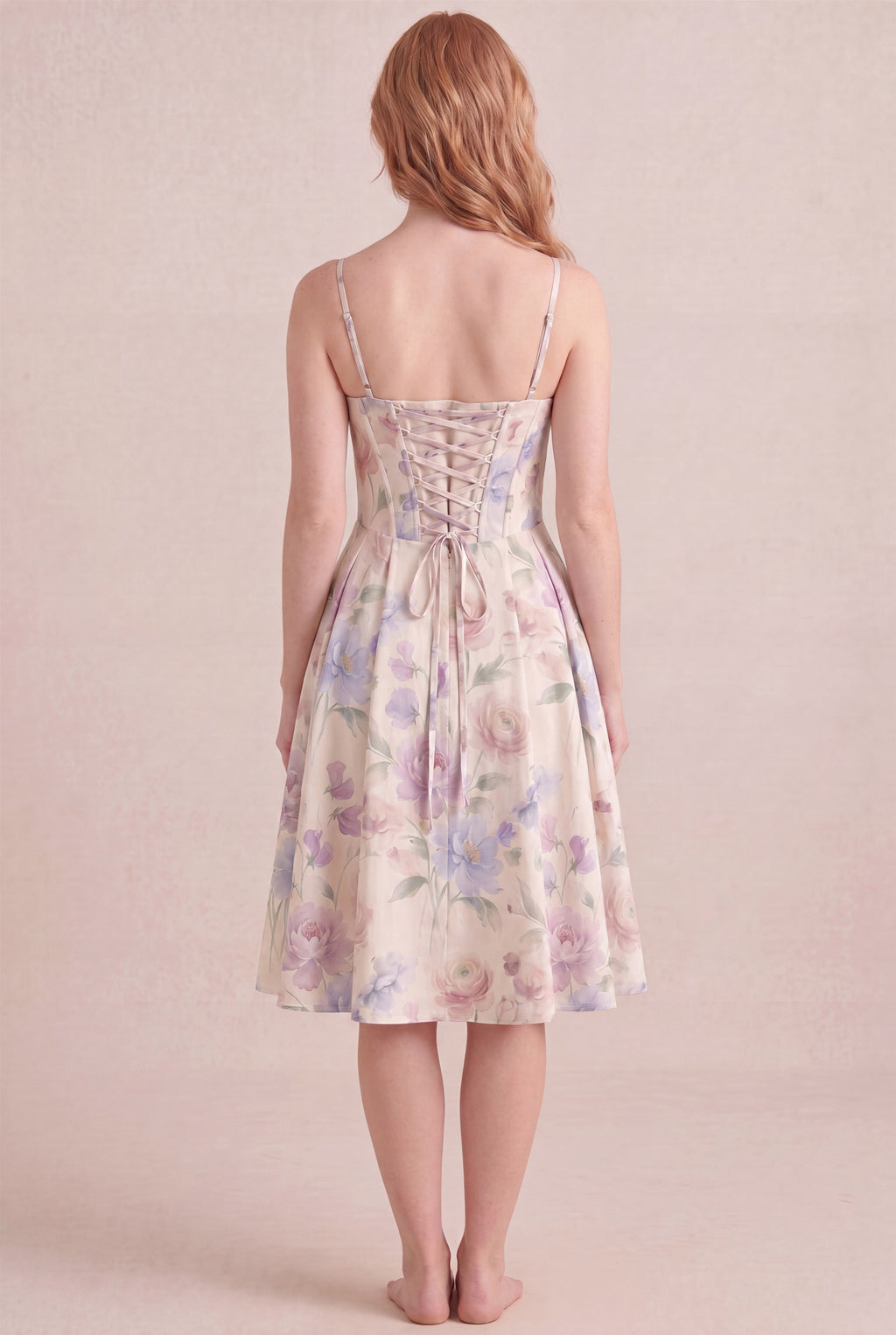 Aquarelle Bloom Floral Dress – Corset lace-up back, midi length, back view